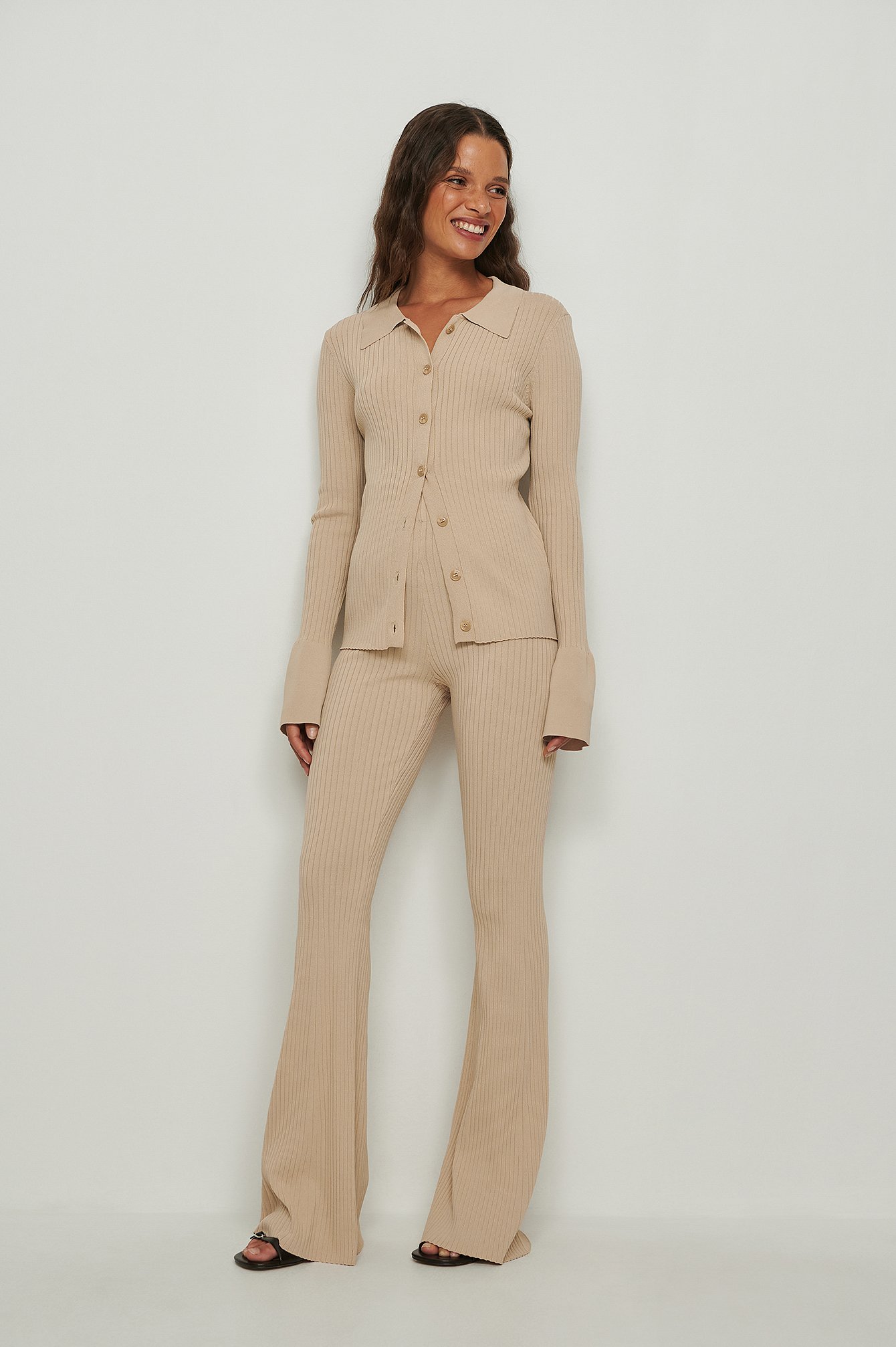Beige Wide Knitted Ribbed Trousers