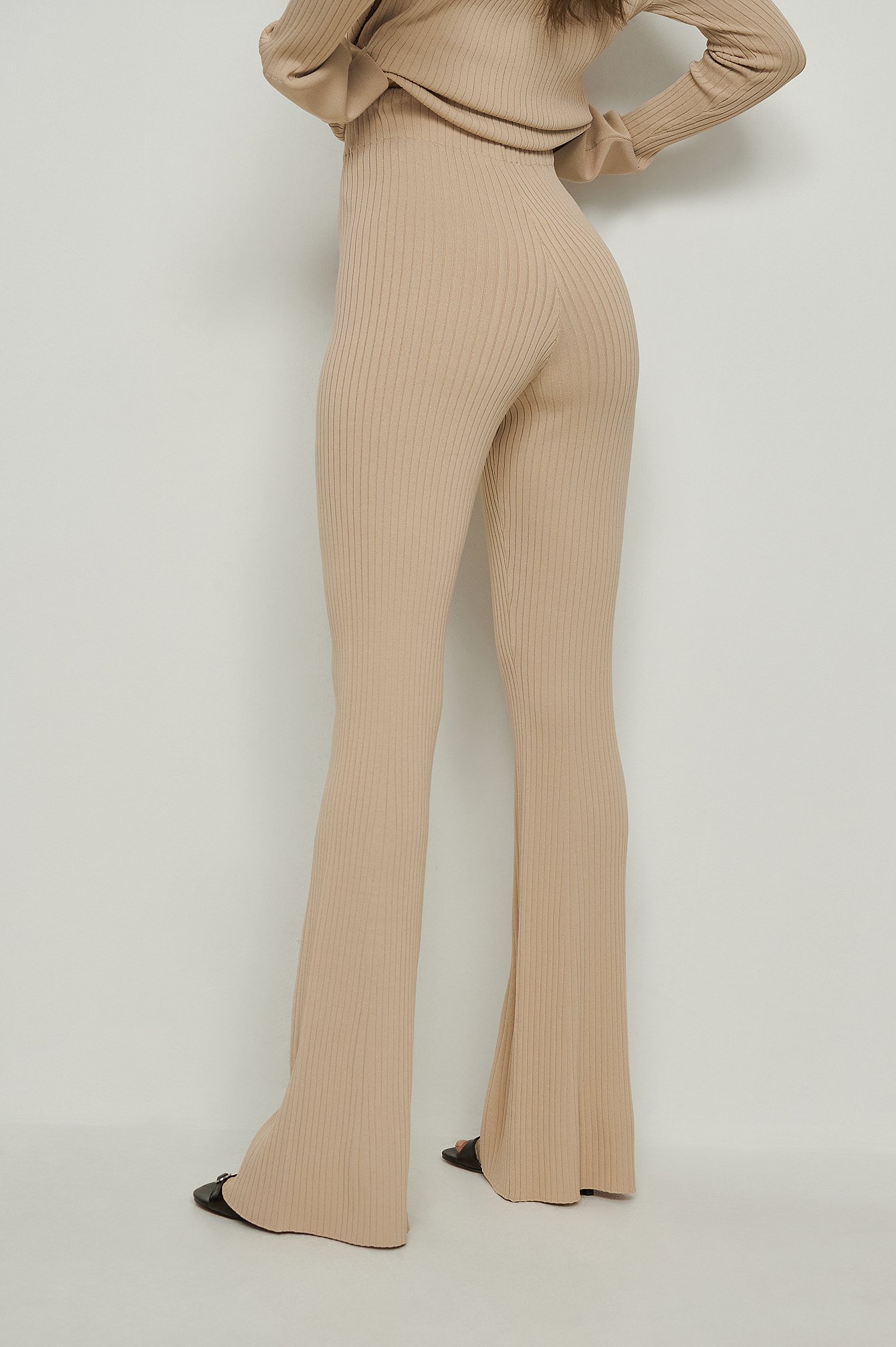 Beige Wide Knitted Ribbed Trousers