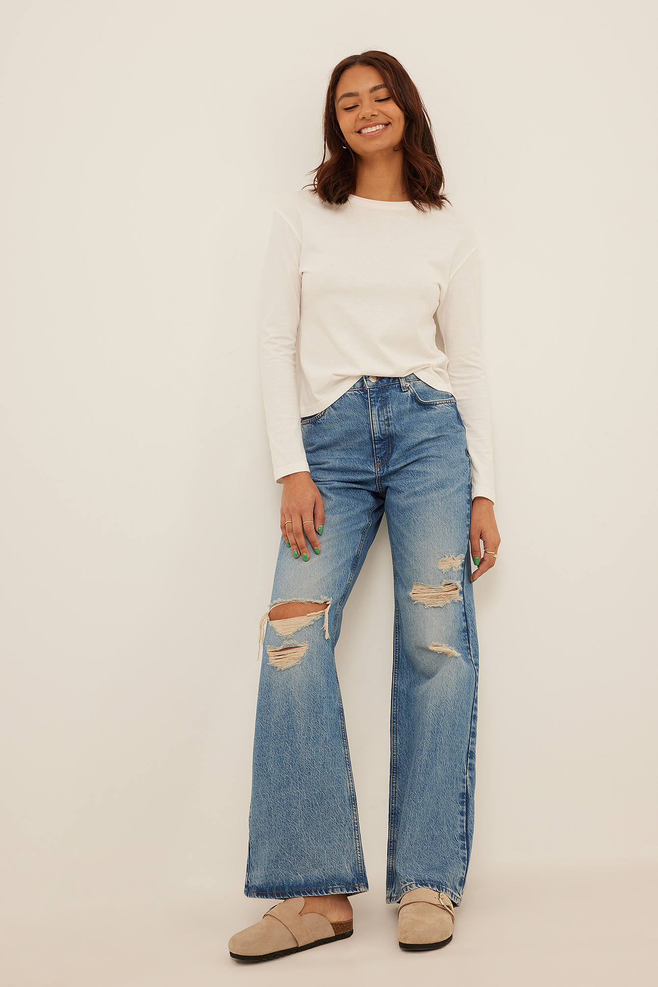 Wide Leg Distressed Denim Blue | na-kd.com