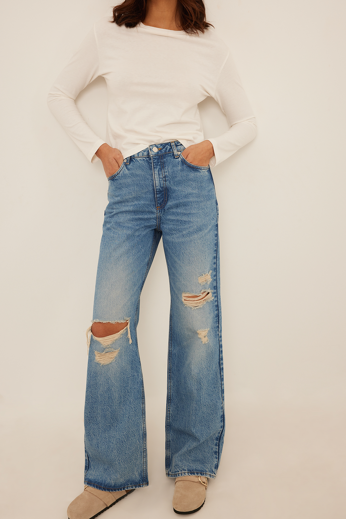 Wide Leg Distressed Denim Blue NAKD