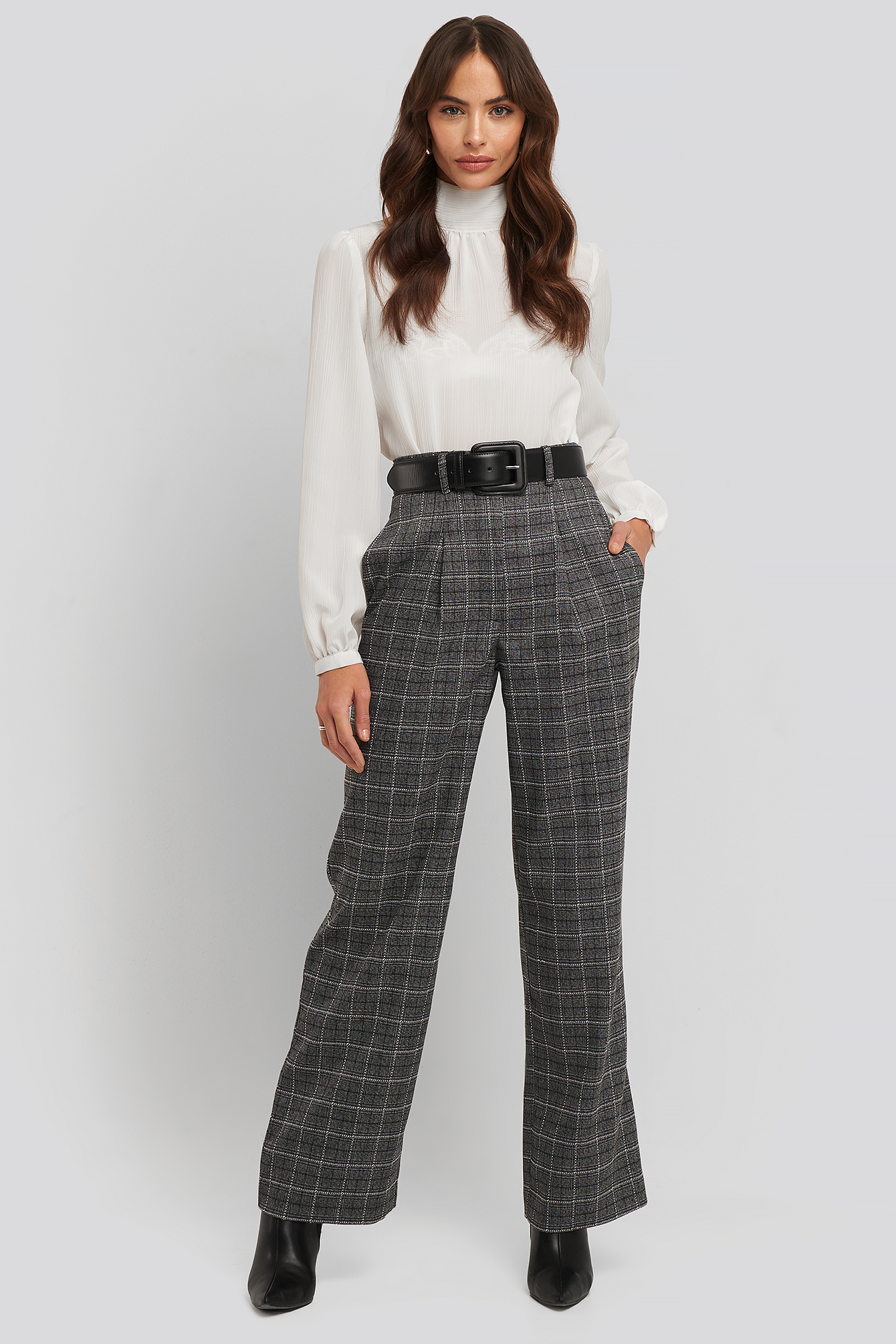 Wide Leg Plaid Suit Pants Grey Check