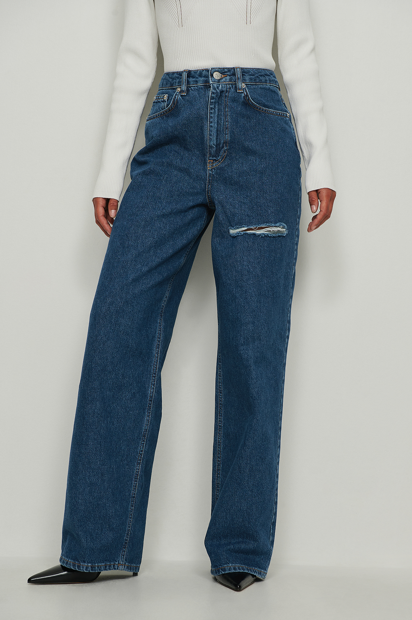 Organic Wide Leg Thigh Detail Jeans Blue | na-kd.com