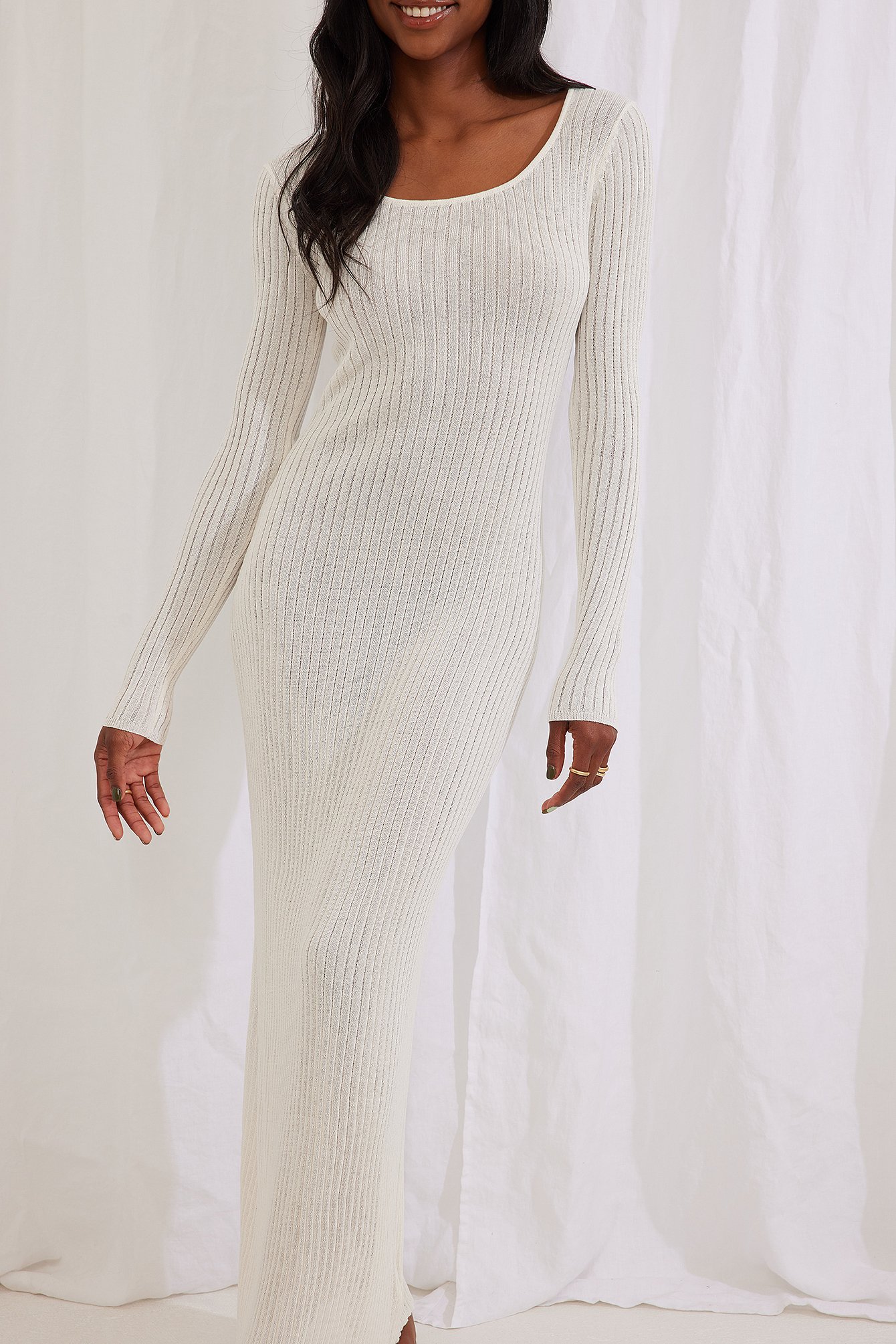 White Wide Neck Ribbed Knitted Maxi Dress
