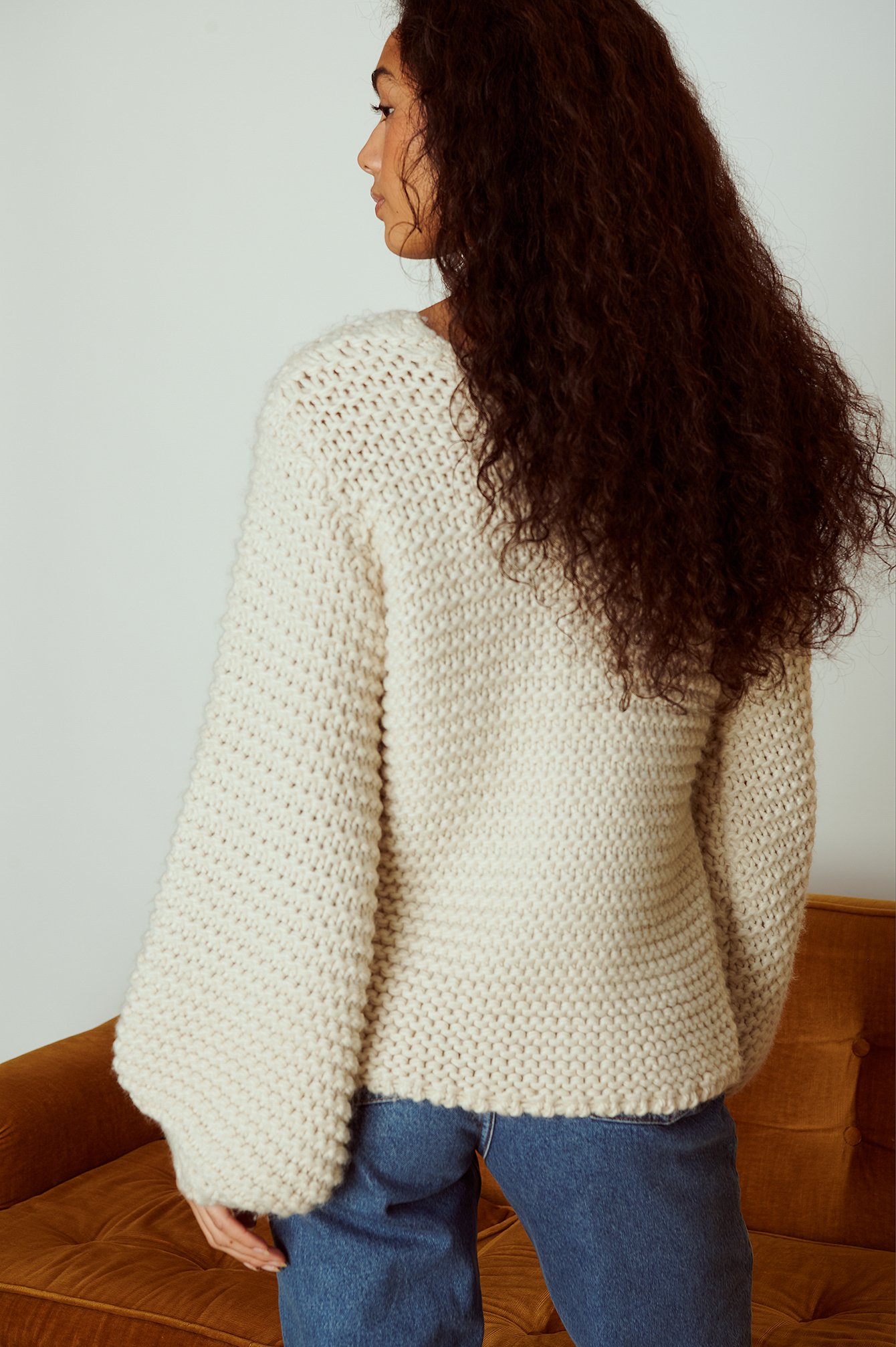 Beige Wide Neckdrop Knitted Sweater