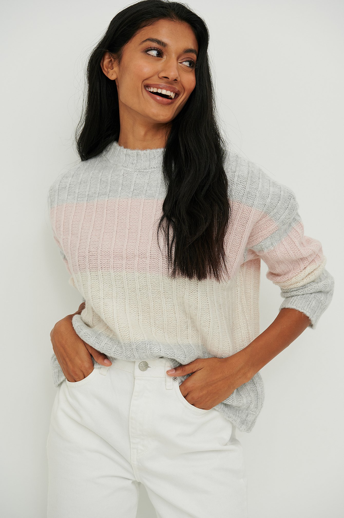 Pink Oversized Striped Knitted Sweater