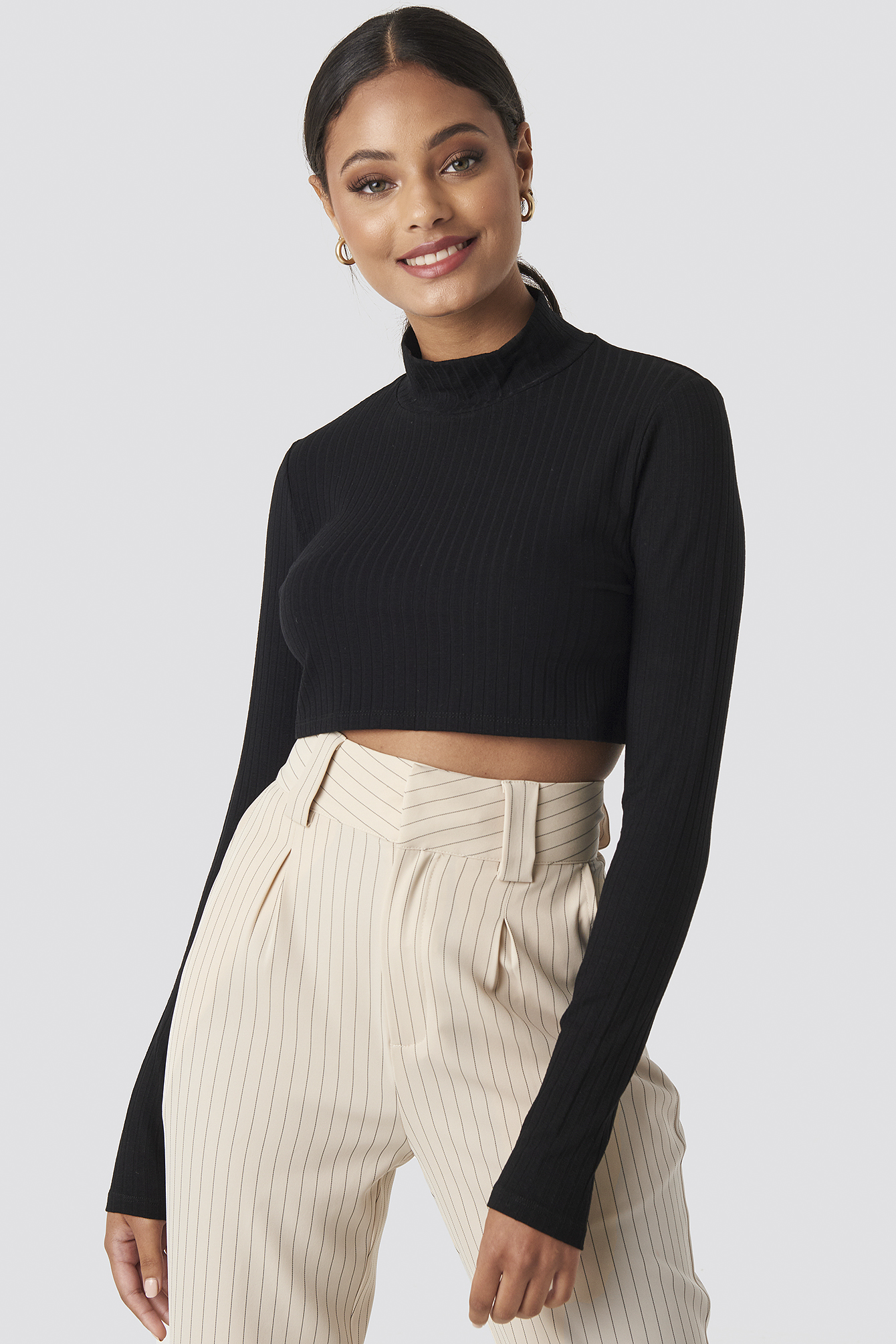 Wide Rib Polo Neck Long Sleeve Cropped Top Deep Black