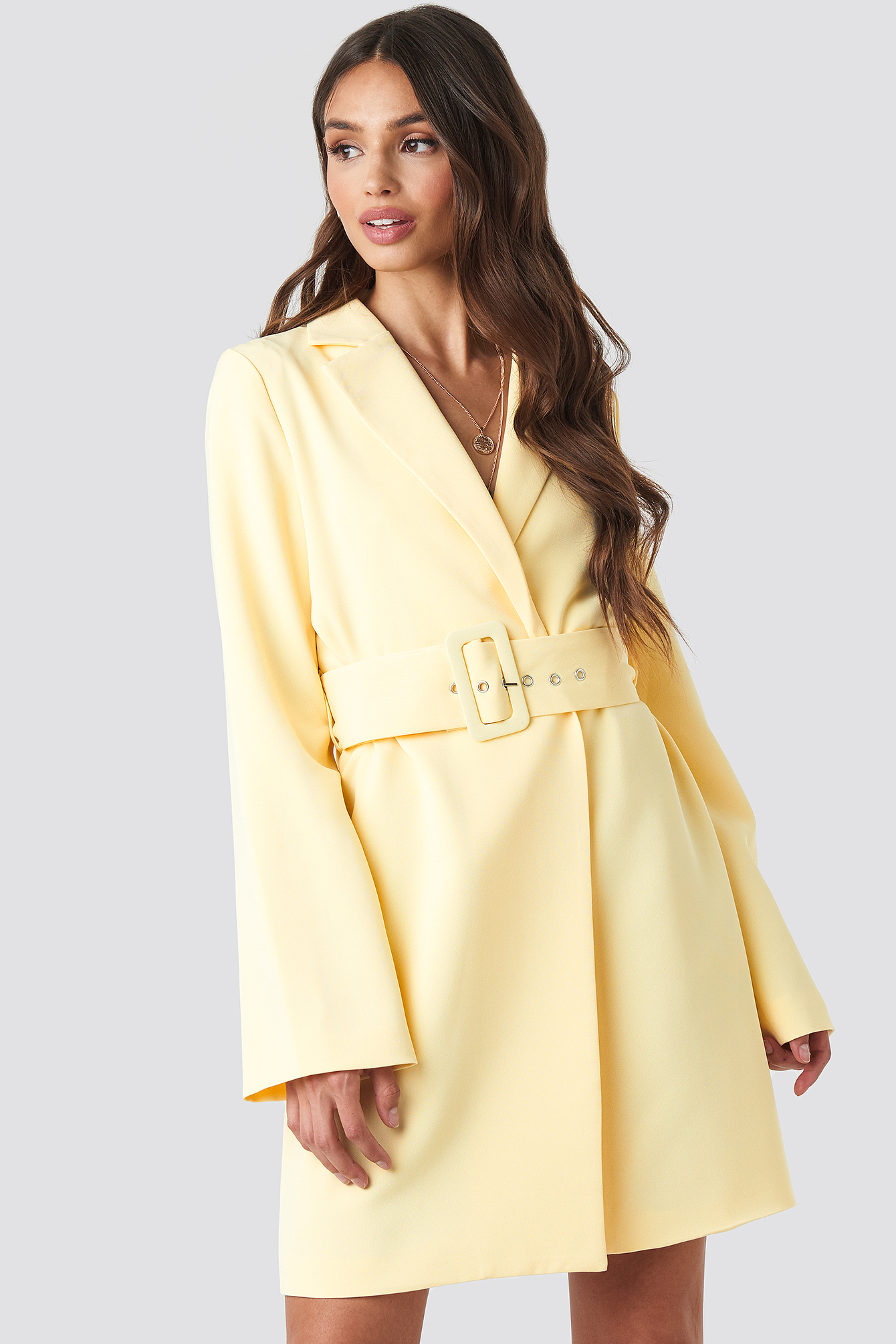 Wide Sleeve Belted Blazer Dress Light Yellow