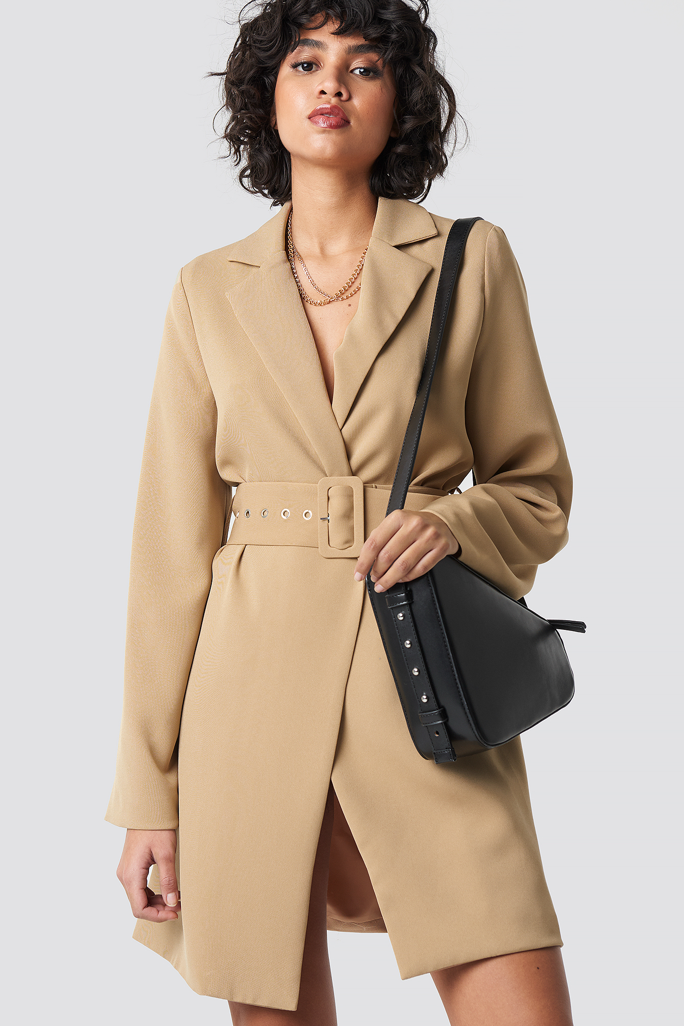 Wide Sleeve Belted Blazer Dress Beige
