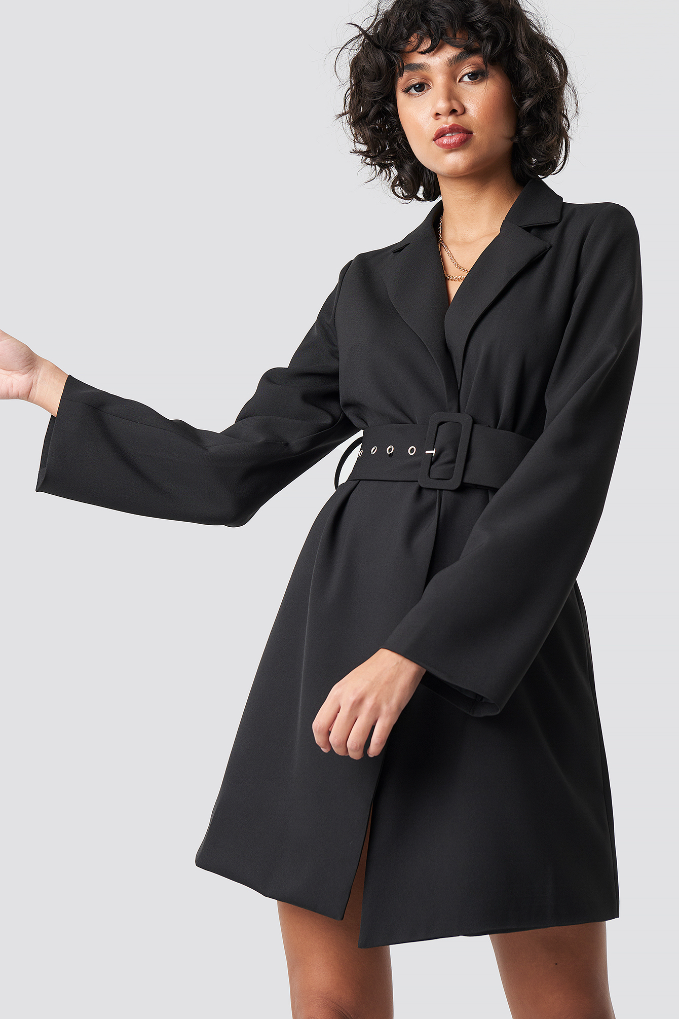 Wide Sleeve Belted Blazer Dress Black