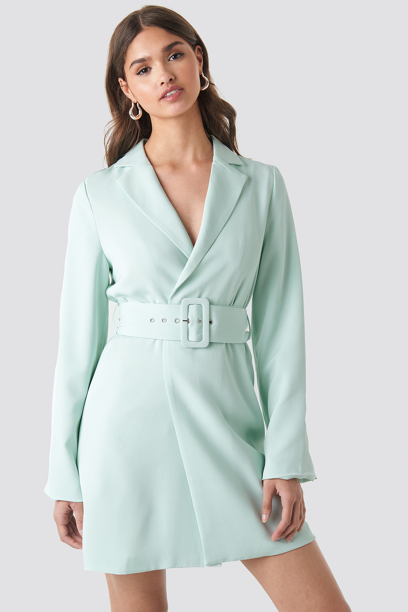 Wide Sleeve Belted Blazer Dress Pastel Blue