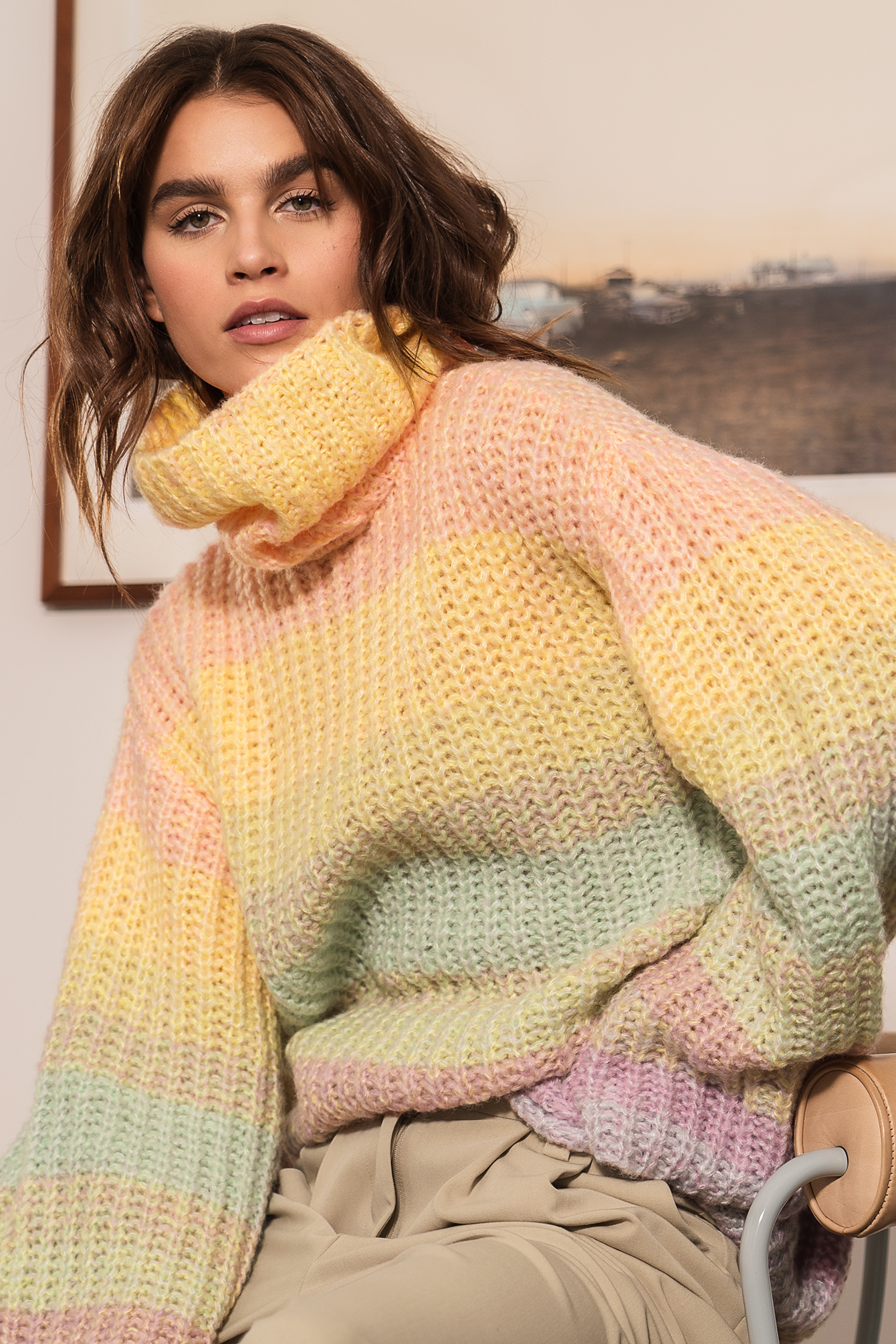 Wide Sleeve Cable Knitted Sweater Light Mix Color