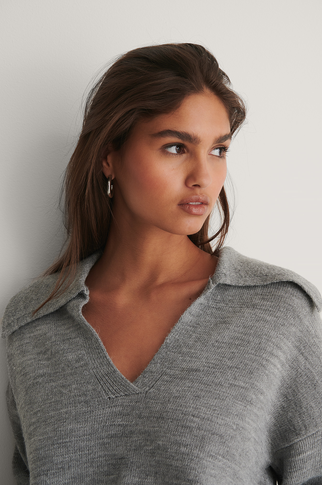Wide Sleeve Collar Detail Knitted Sweater Grey NAKD