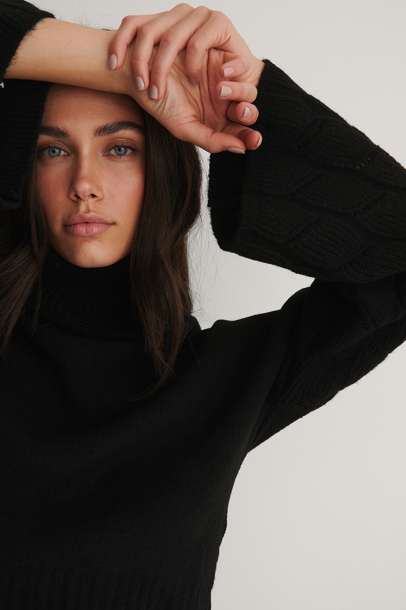 Black Wide Sleeve High Neck Knitted Sweater