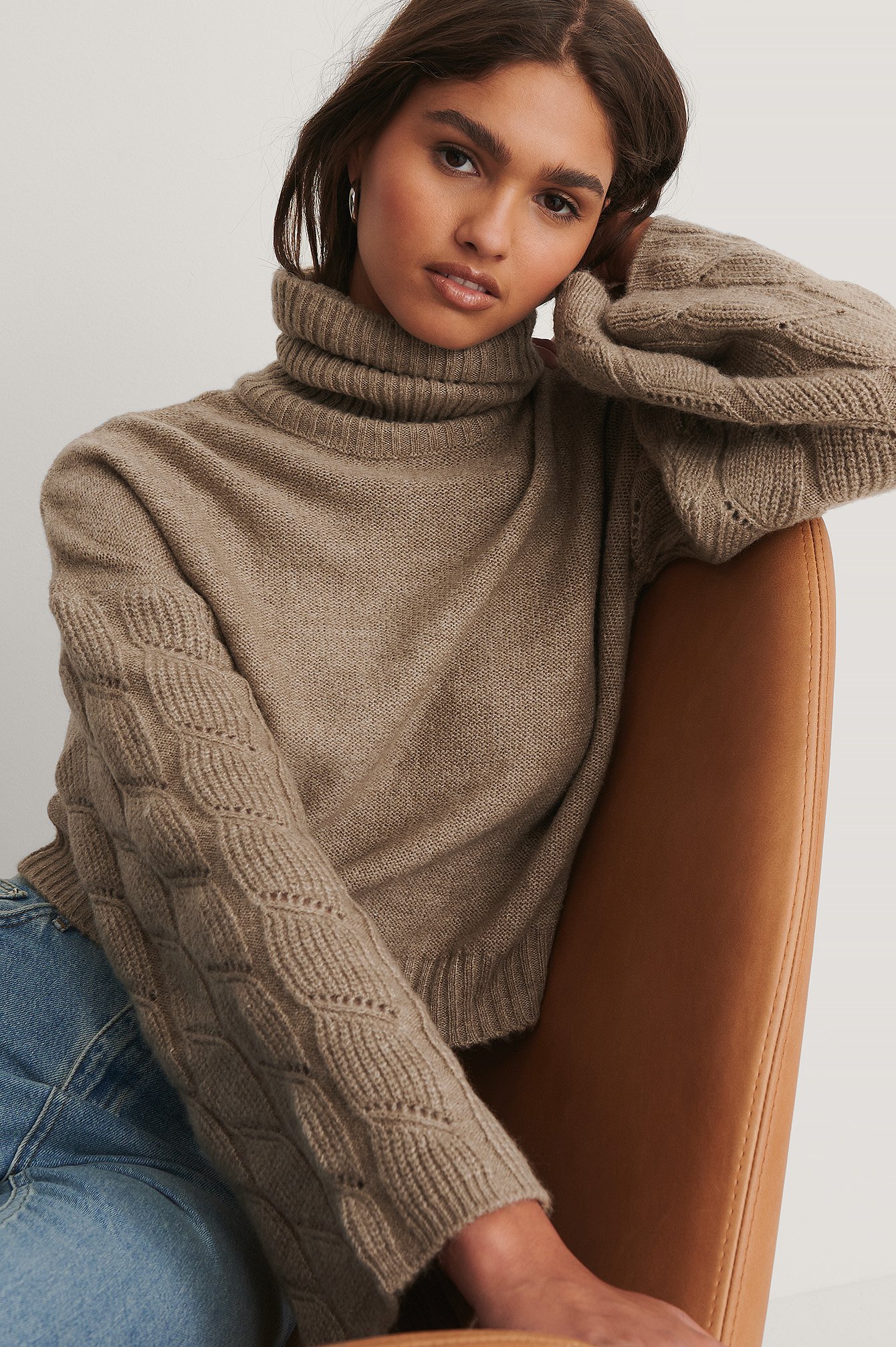 Beige Wide Sleeve High Neck Knitted Sweater