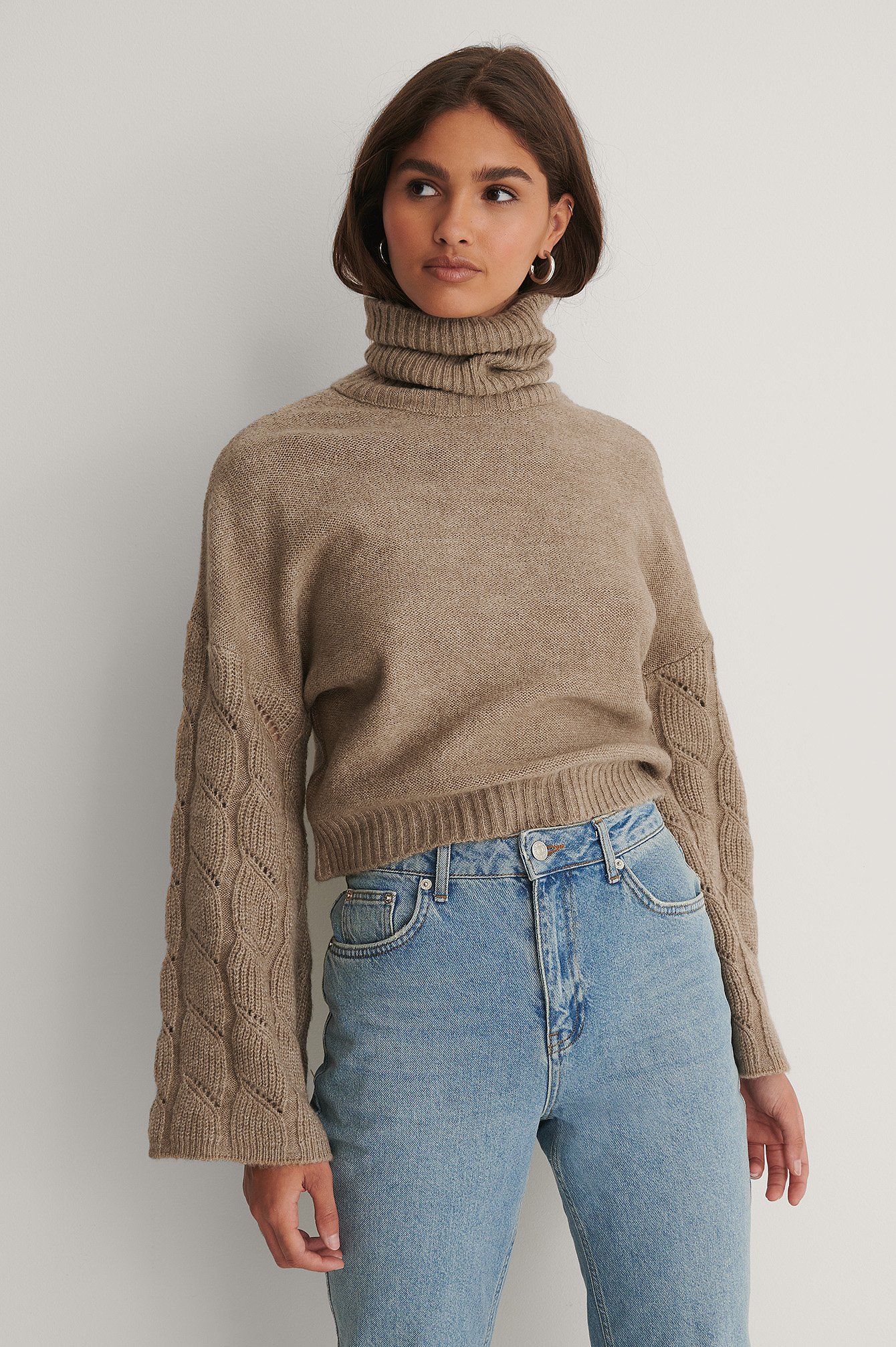 Beige Wide Sleeve High Neck Knitted Sweater