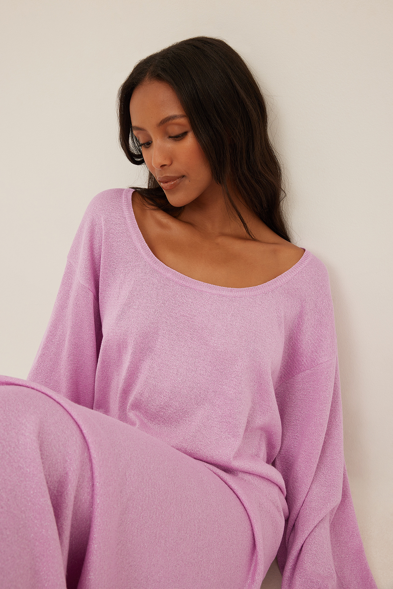 Oversized Wide sleeve Glitter Knitted Maxi Dress Pink NAKD