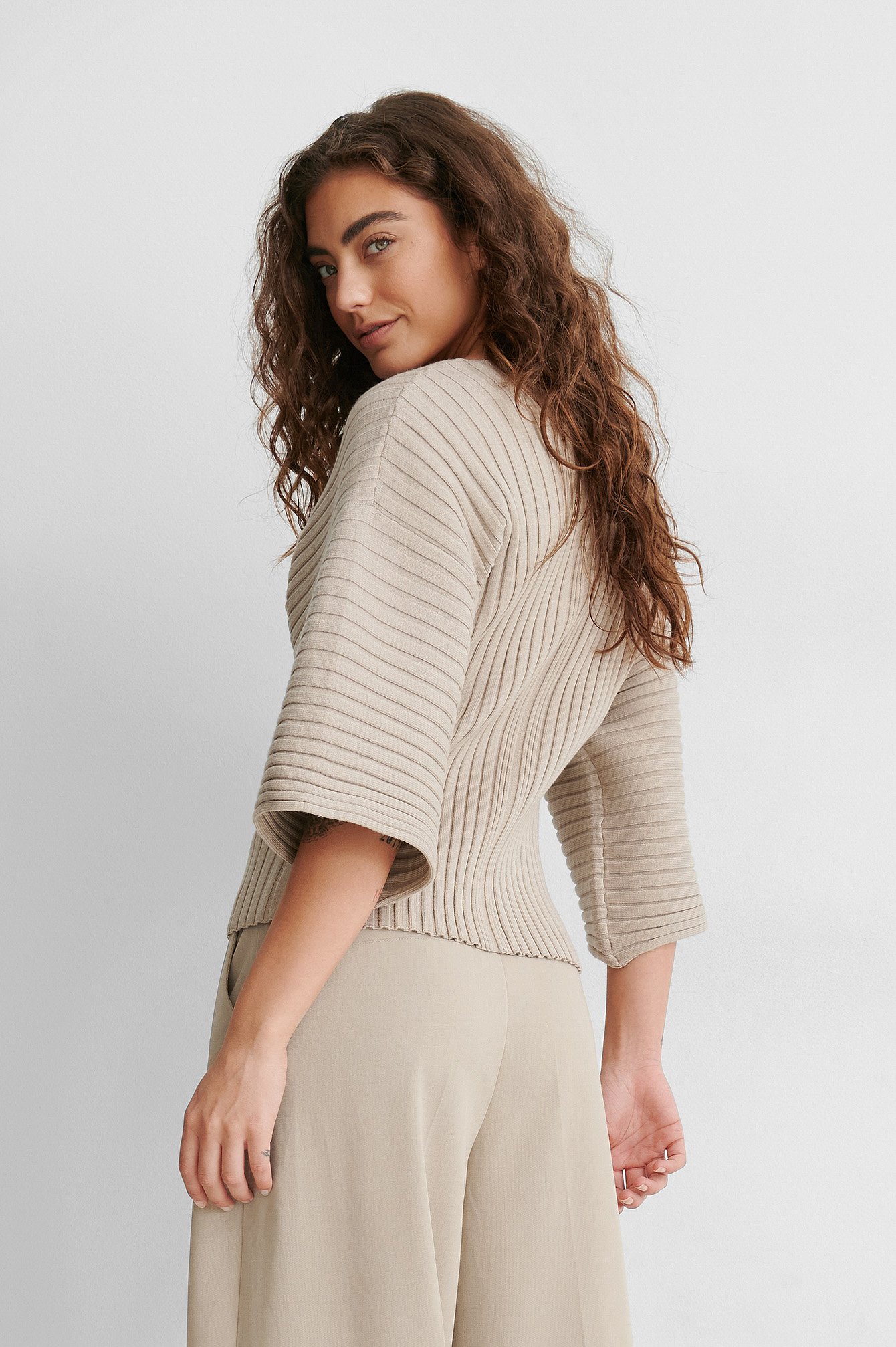Light Beige Wide Sleeve Knitted Sweater