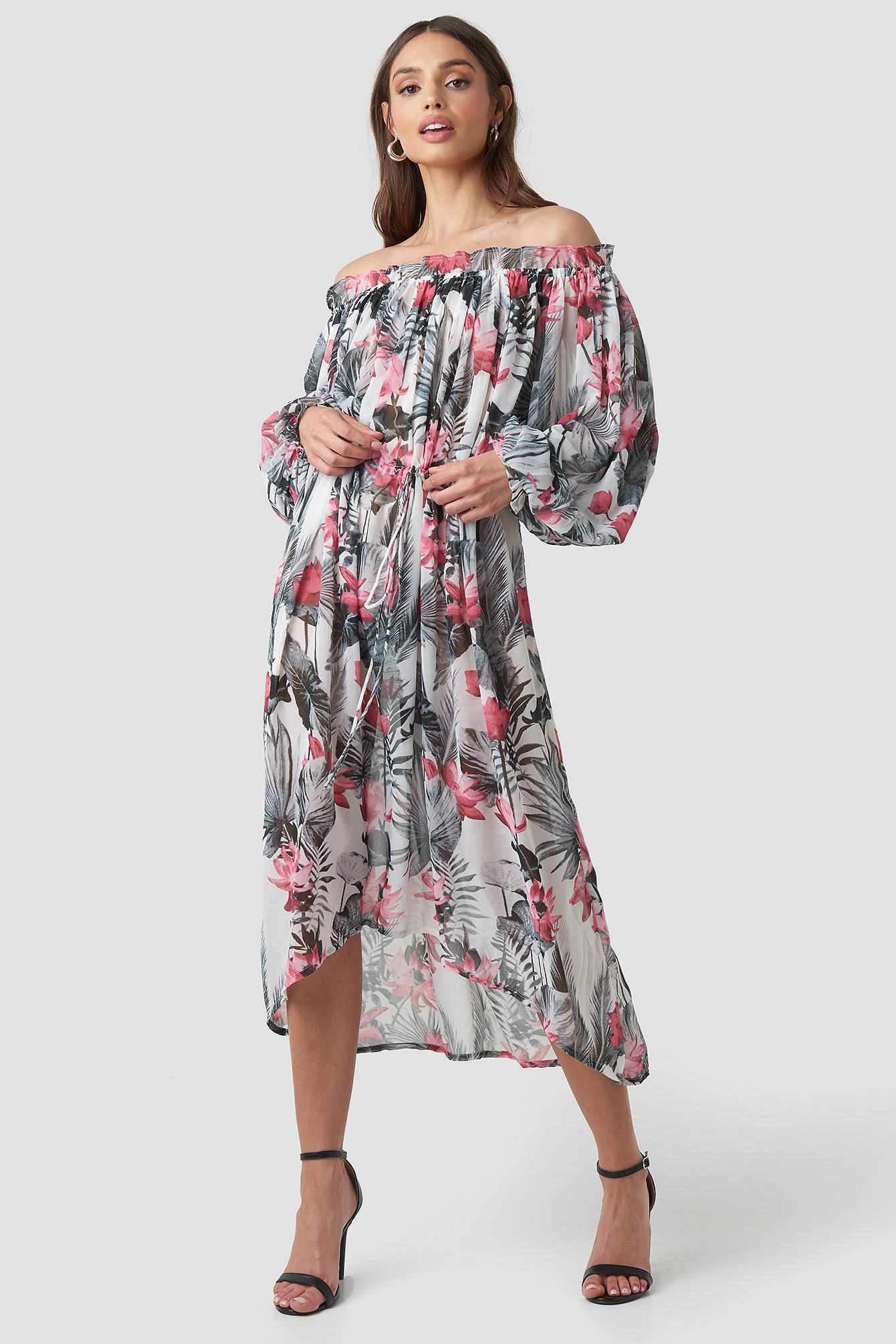 Wide Sleeve Off Shoulder ankle Dress Big Flower Print