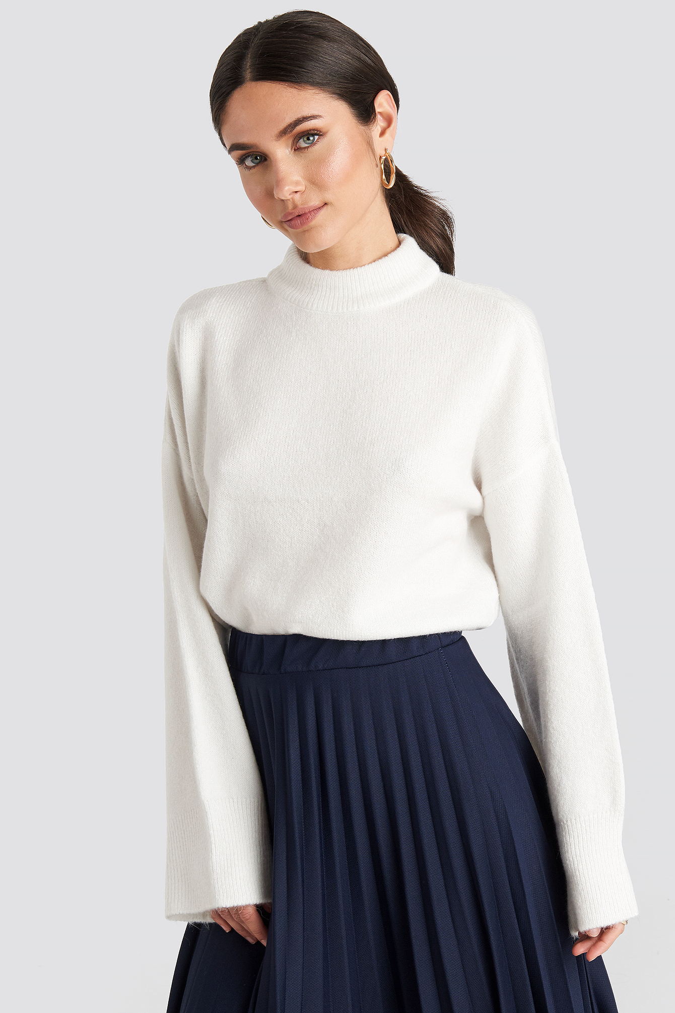 Wide Sleeve Round Neck Knitted Sweater Offwhite