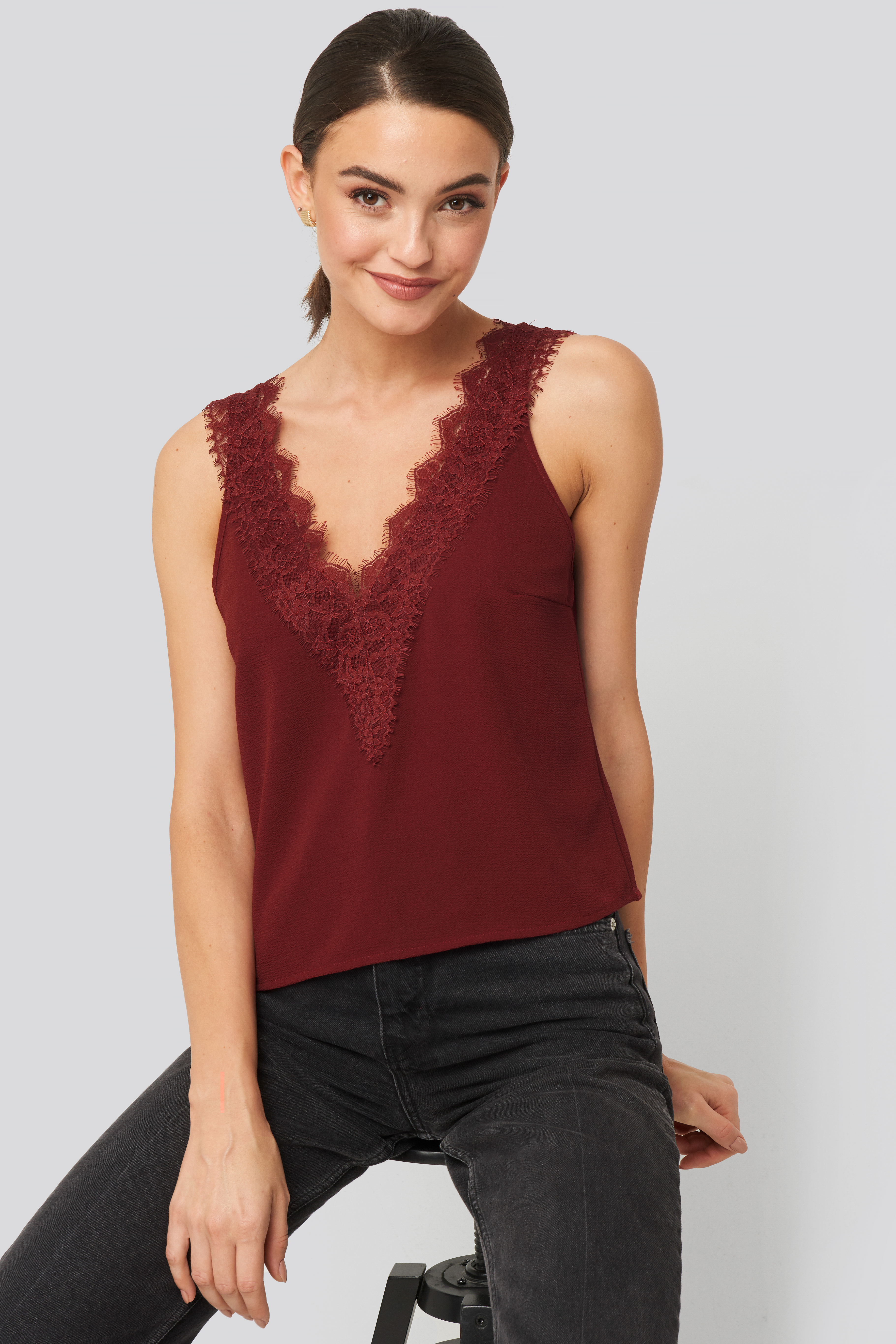Wide Strap Lace Singlet Dark Red