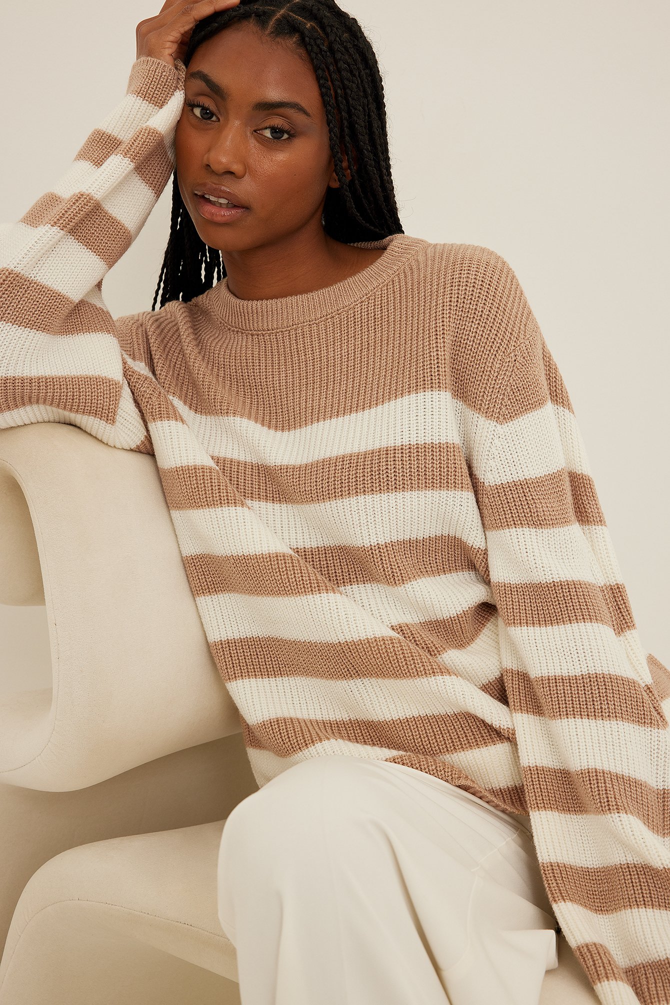Beige/White Wide Stripe Knitted Sweater