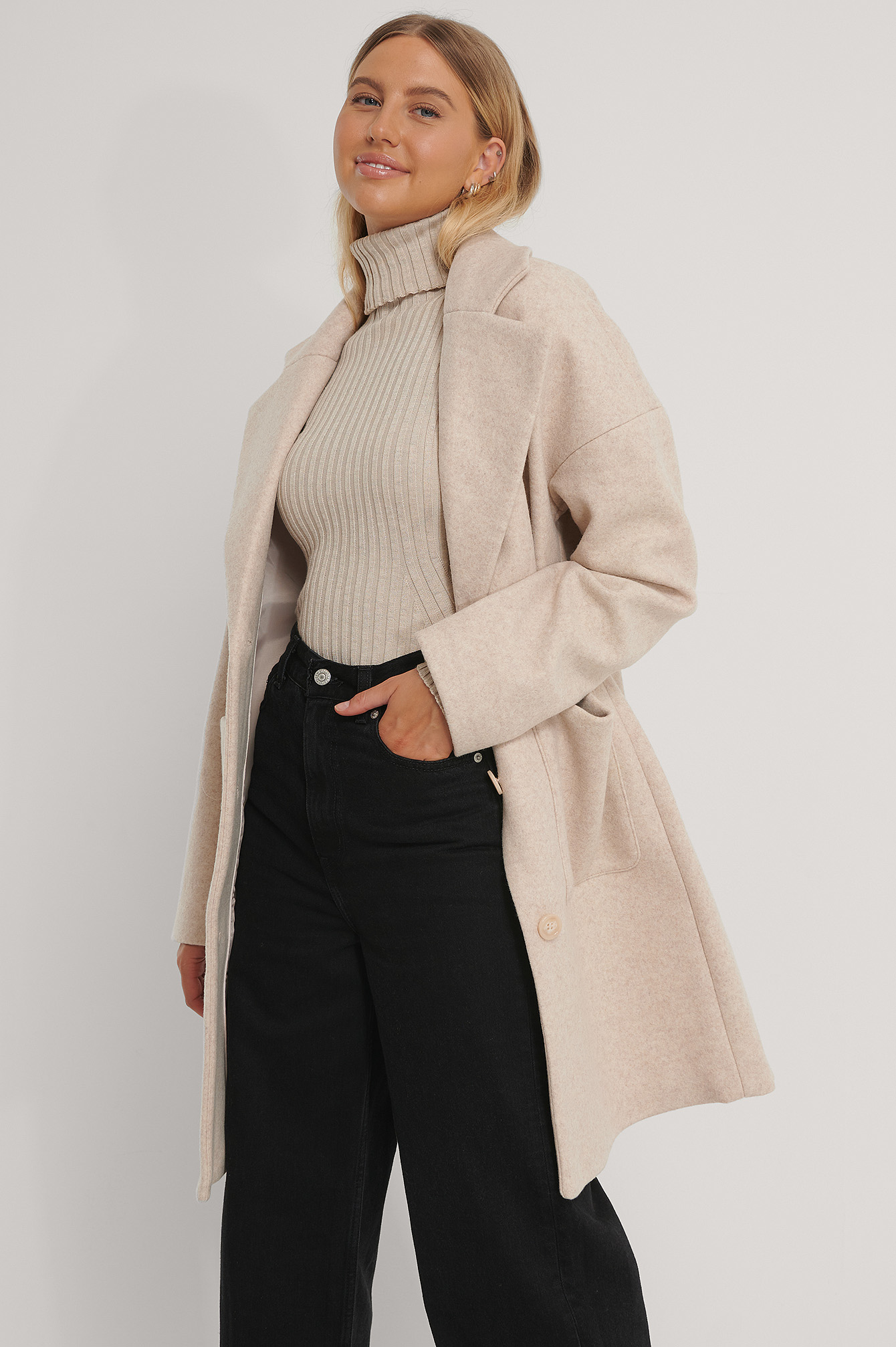 Wool Blend Dropped Shoulder Coat Beige 
