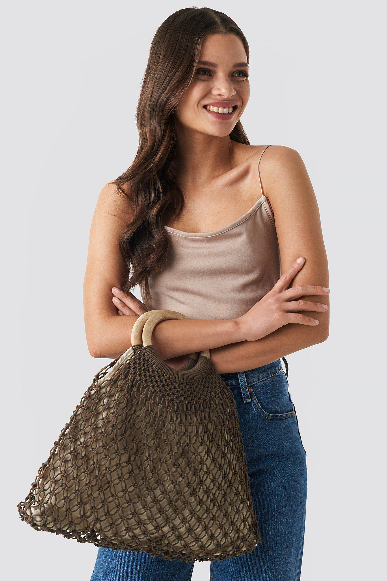 Wooden Handle Braided Bag Brown