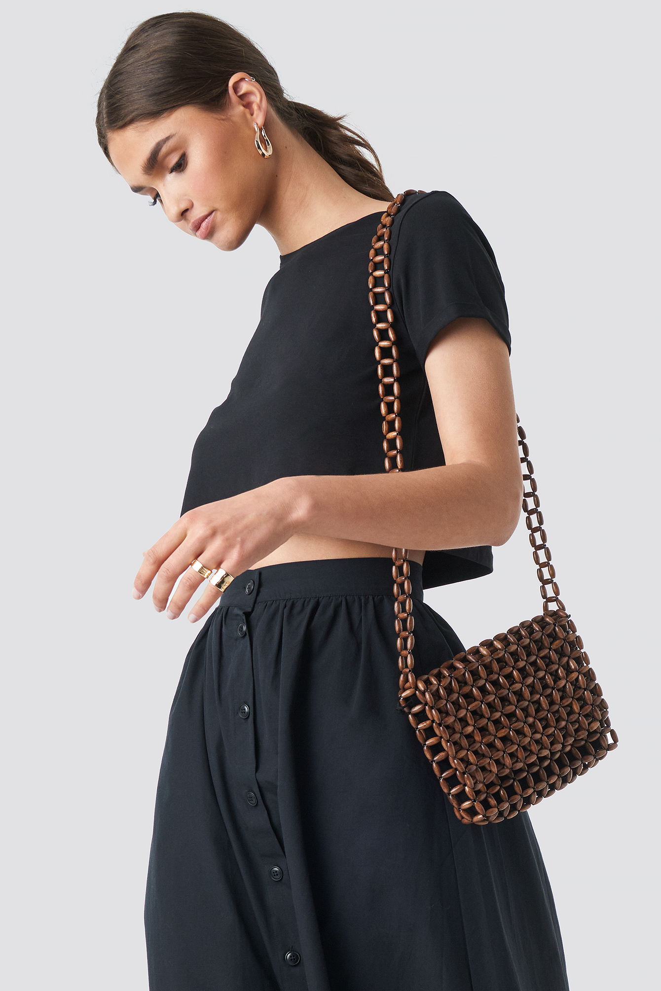 Wooden Pearl Flap Bag Brown