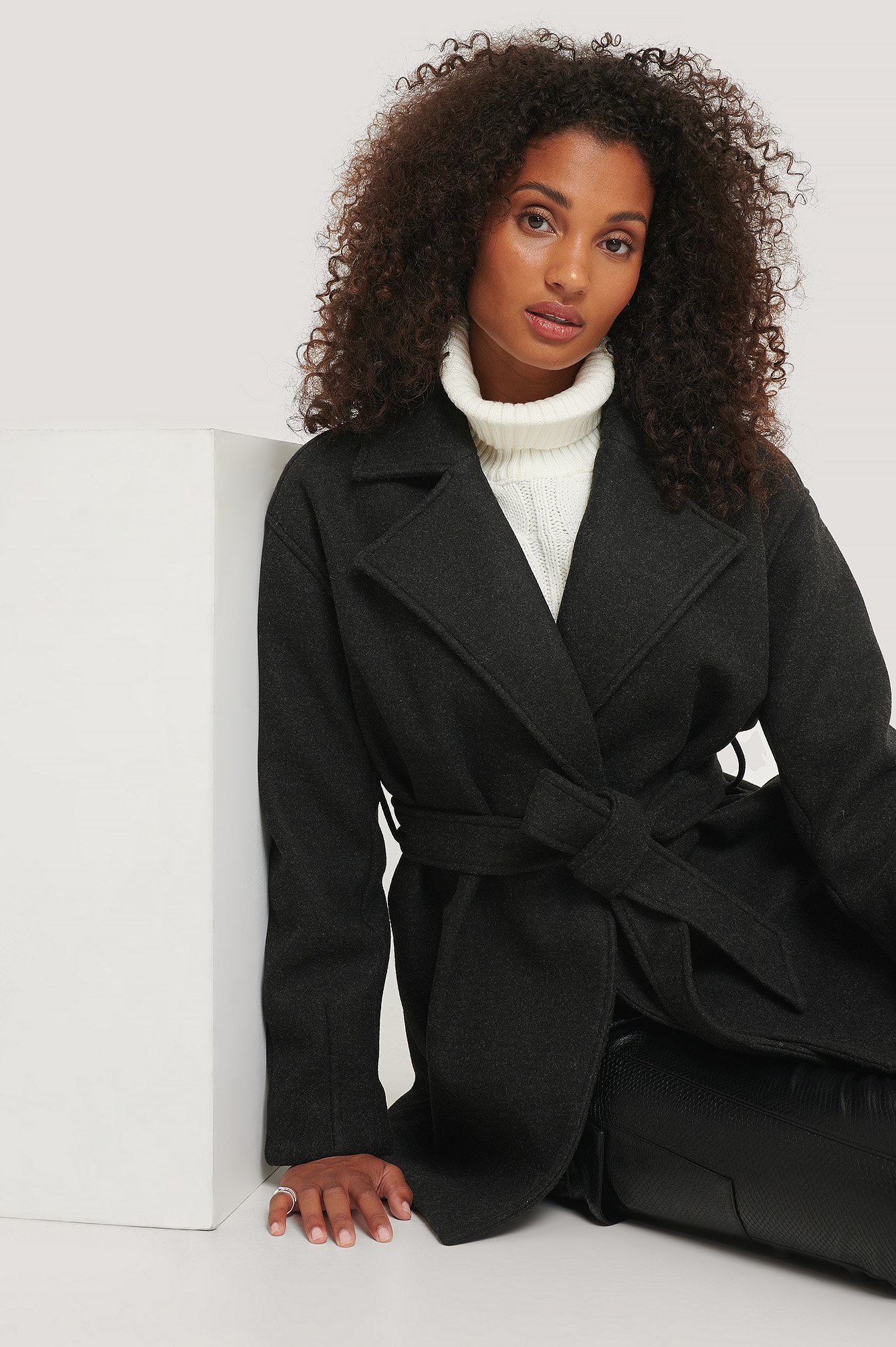 Black Wool Blend Belted Short Coat
