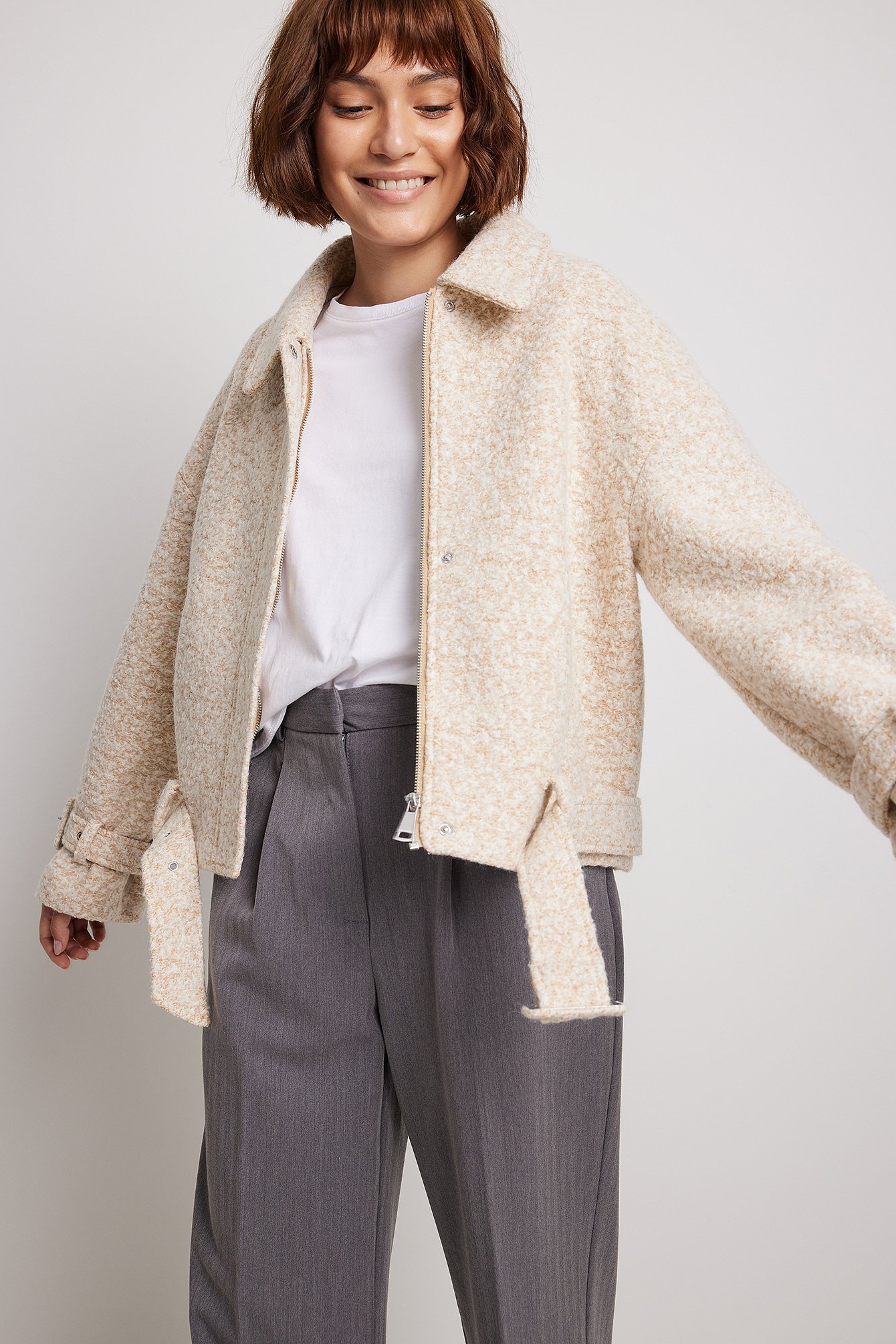 Beige/White Wool Blend Belted Short Jacket