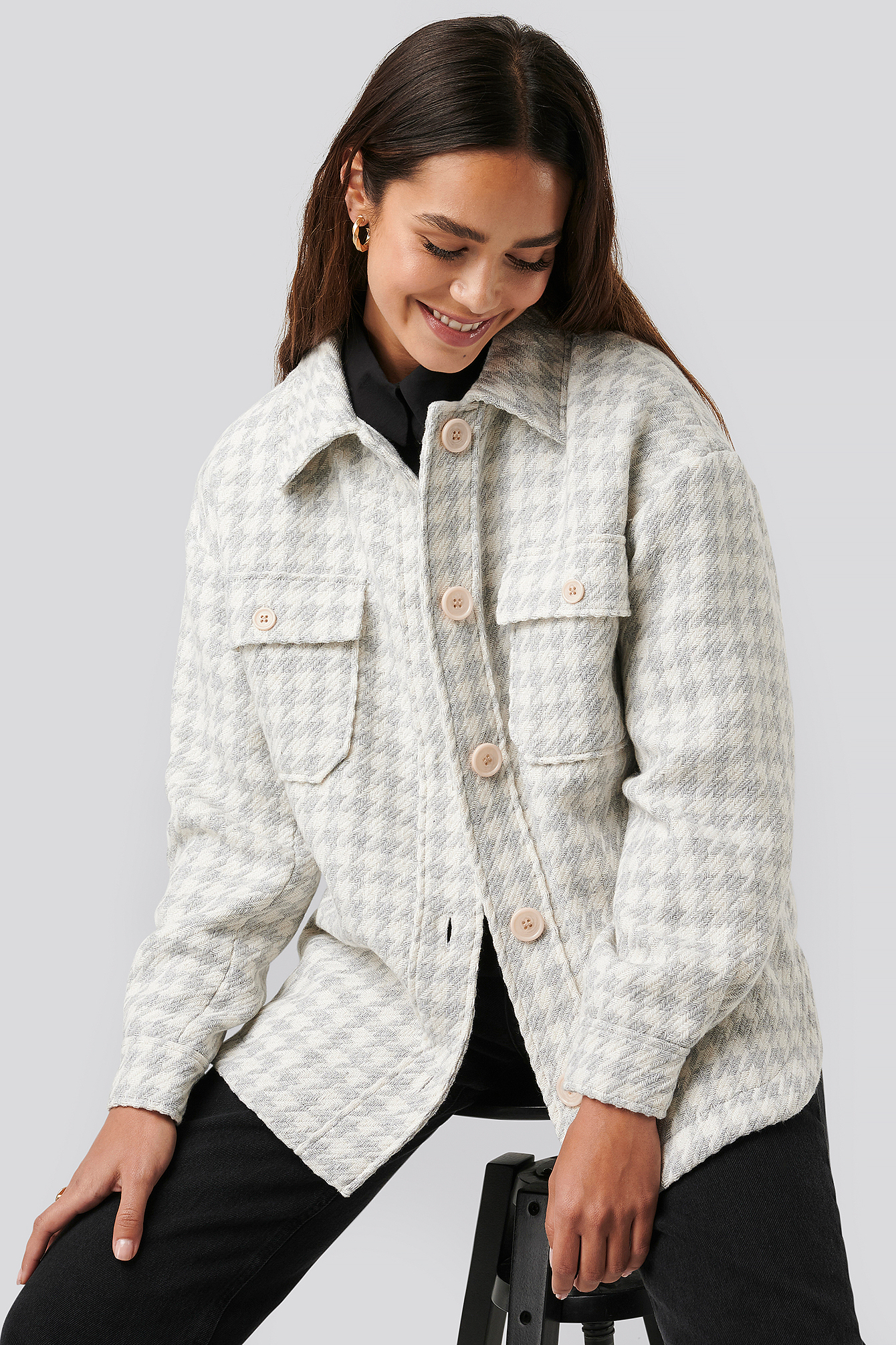 Wool Blend Dogtooth Jacket Grey/White