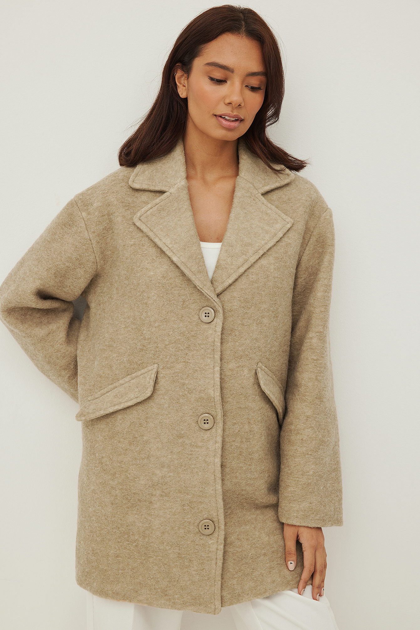 Wool Blend Dropped Shoulder Coat Beige 