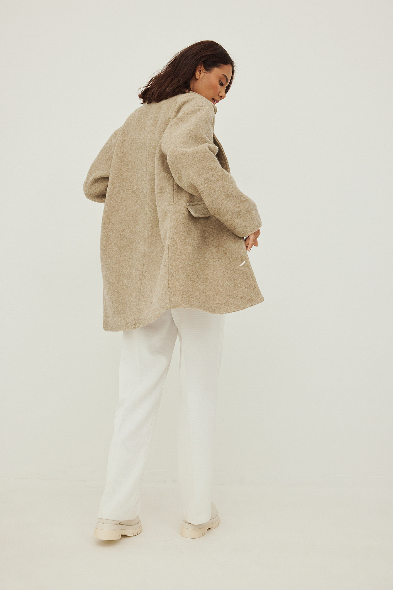 Wool Blend Dropped Shoulder Coat Beige 