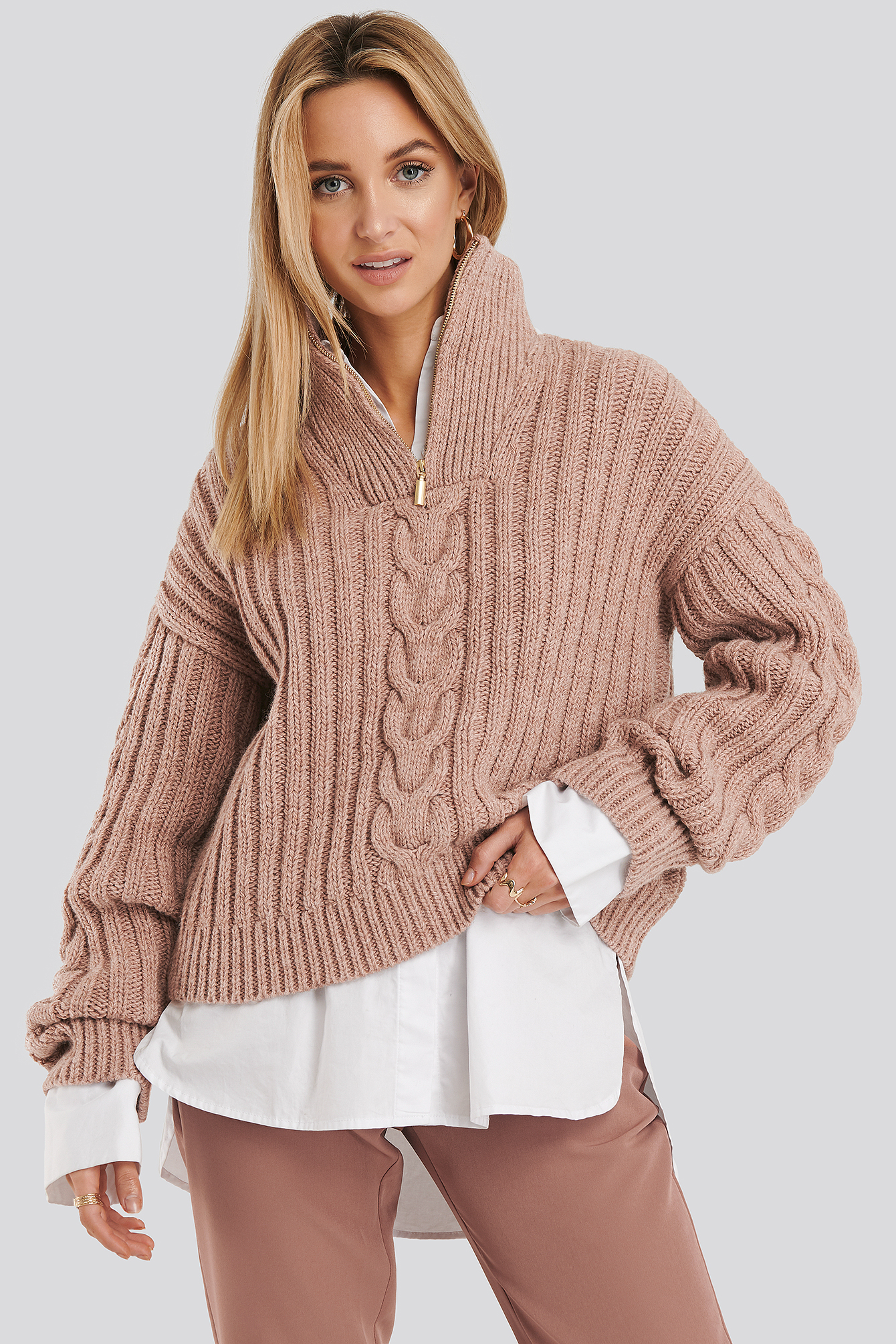 Wool Blend Half Zip Cable Sweater Pink
