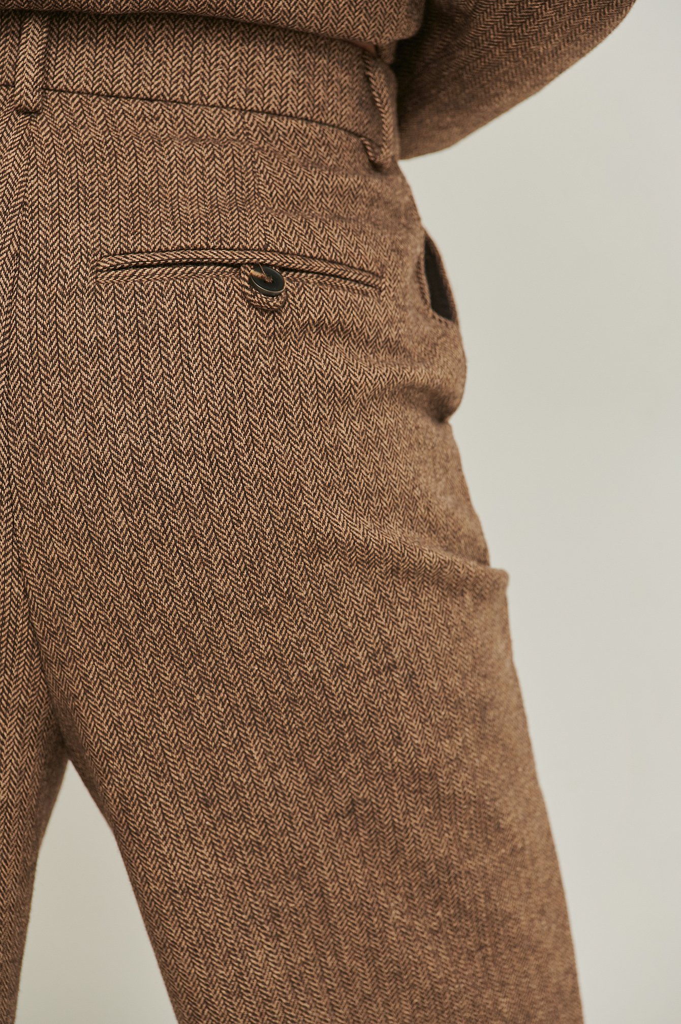 Wool Blend Herringbone Suit Pants Brown