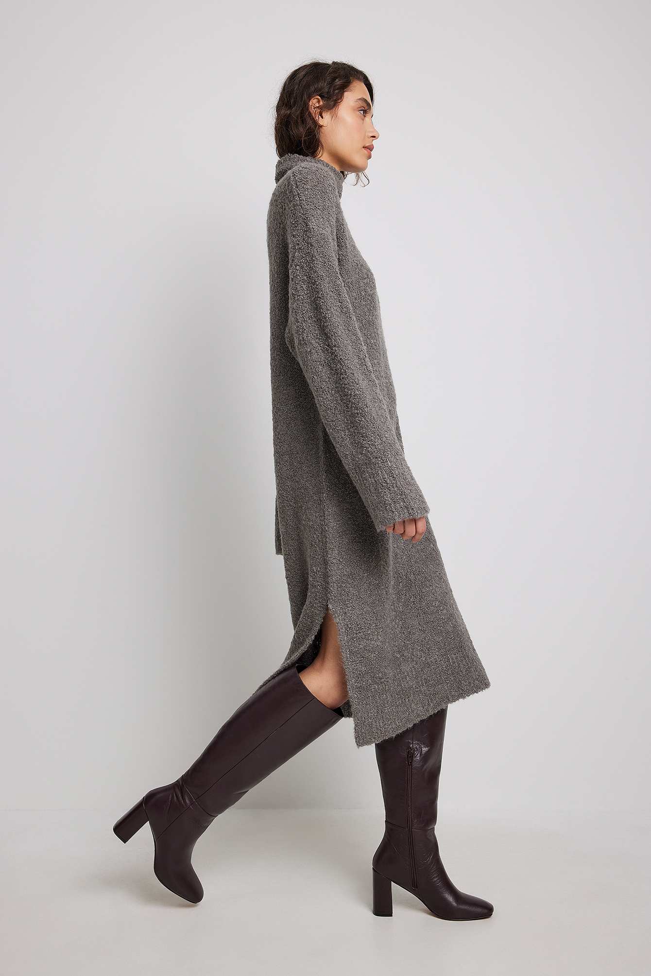 Wool Blend Knitted Turtle Neck Midi Dress Grey NA-KD