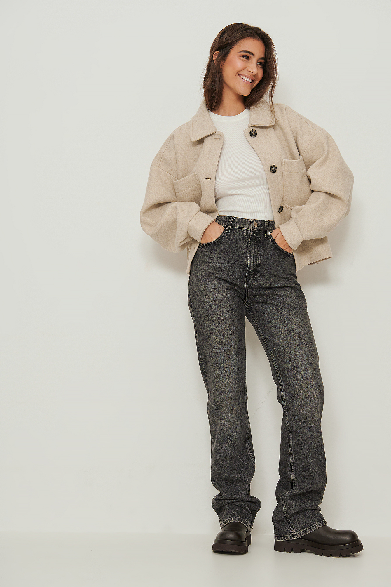 Wool Blend Oversized Short Jacket Beige 