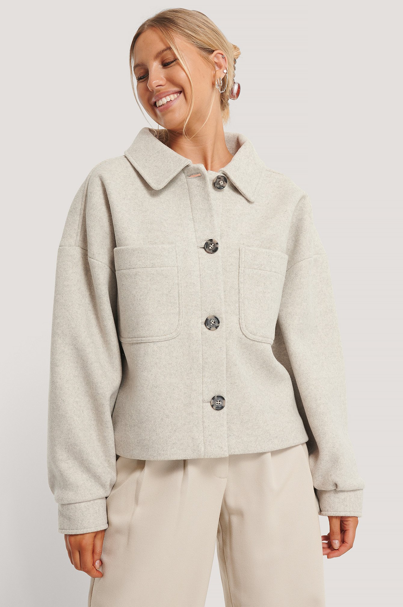 Grey Wollmischung Übergroße Kurze Jacke