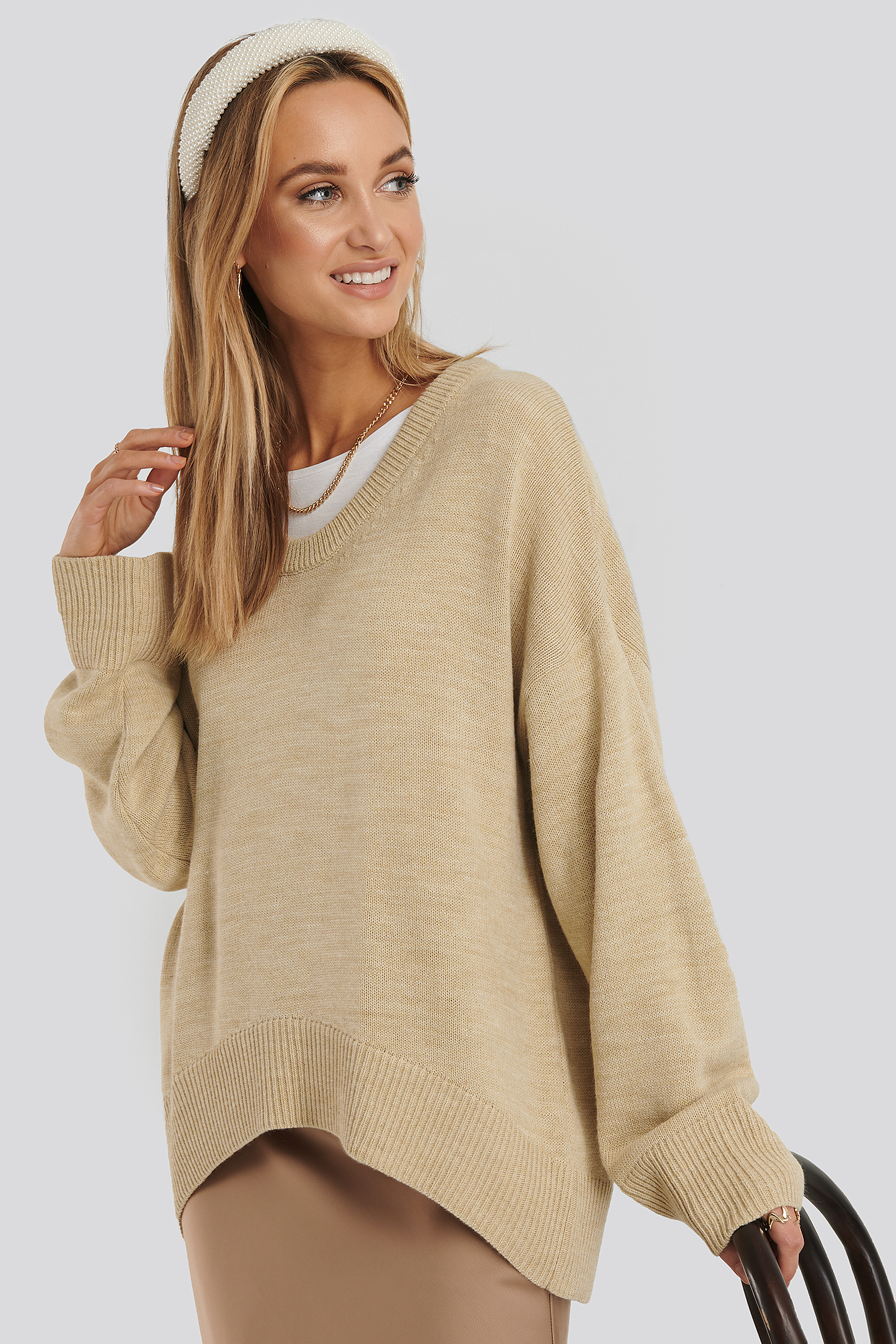 Beige Wool Blend Oversized Wide Neck Sweater