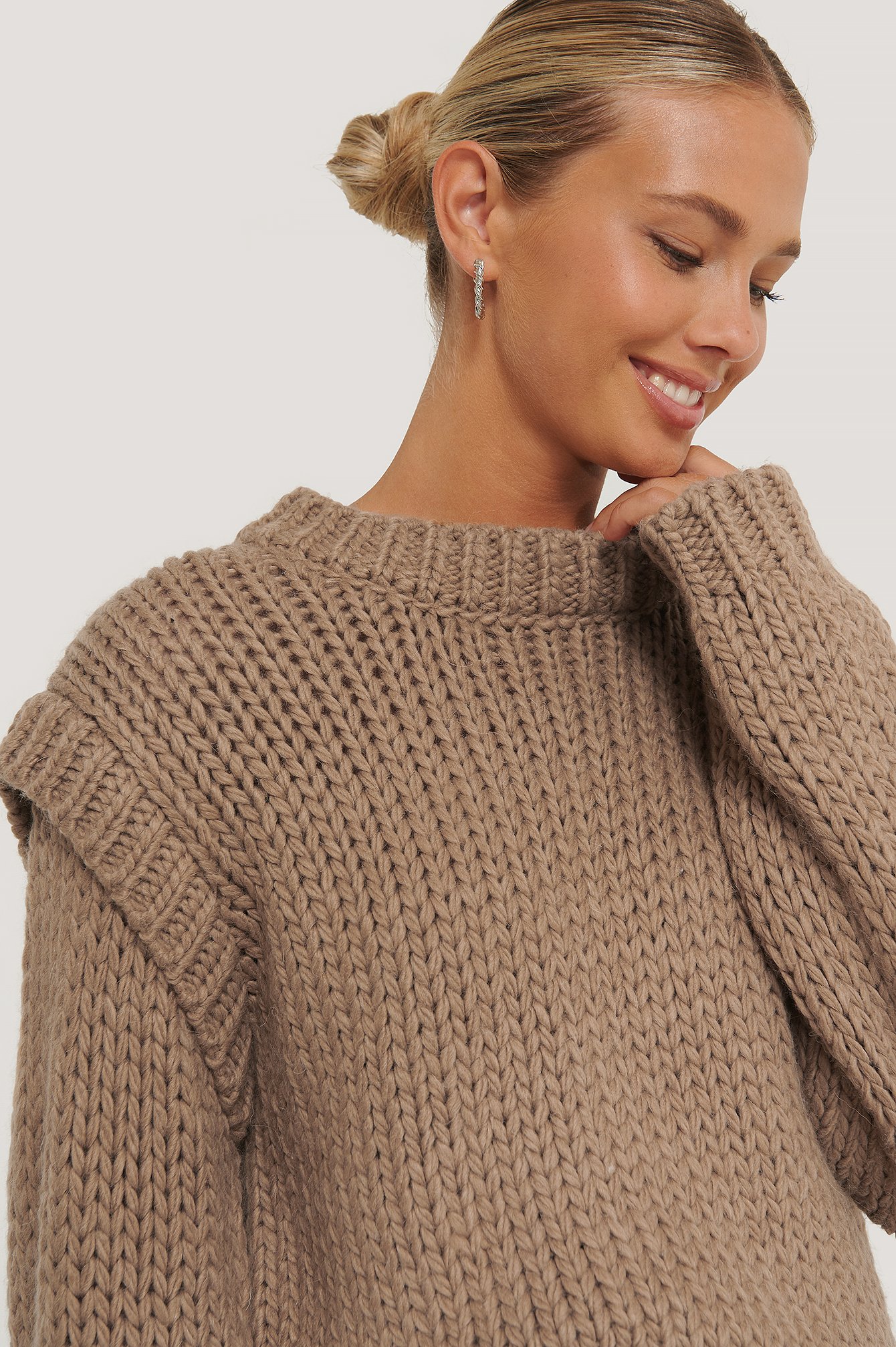 Nougat Wool Blend Shoulder Detail Knitted Sweater