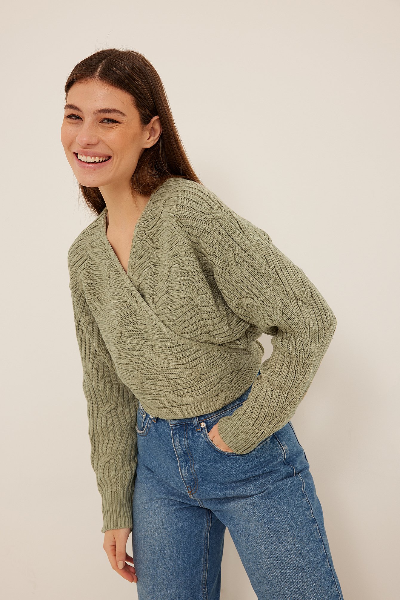 Light Khaki Wrap Detail Cable Knitted Sweater