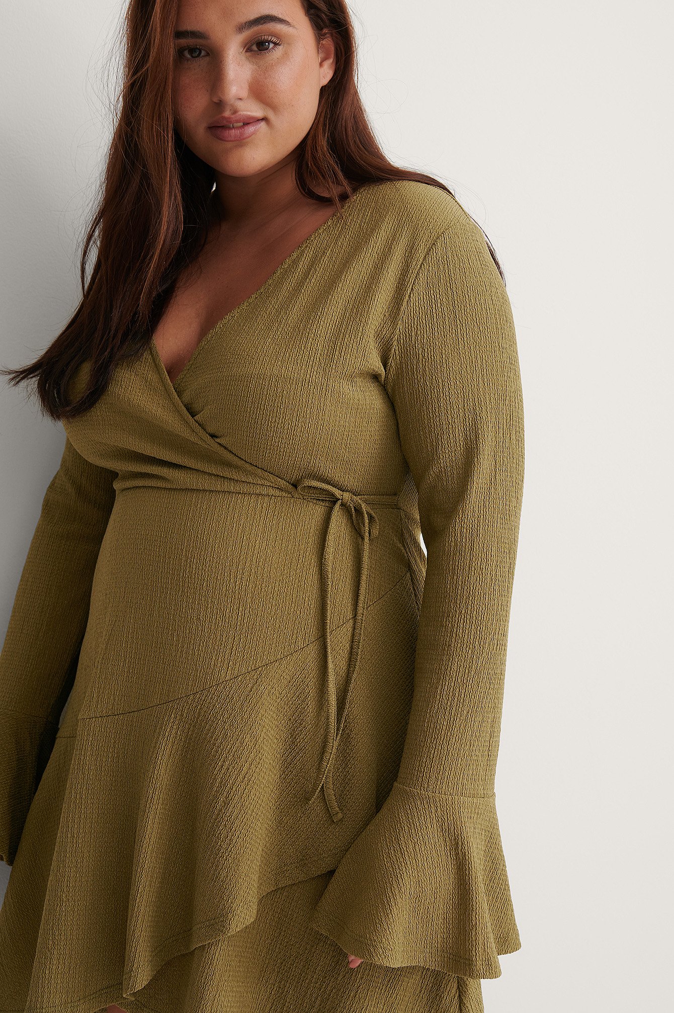 Green Recycled Wrap Flounce Detail Dress