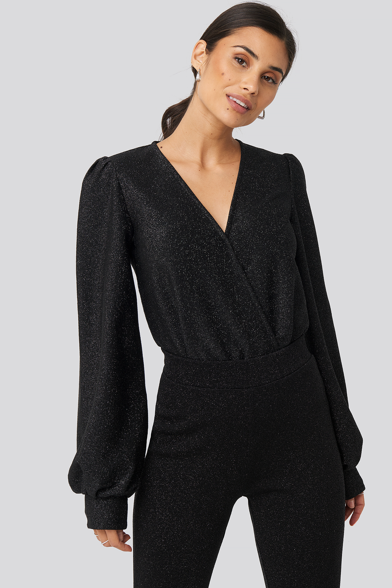 Wrap Front Balloon Sleeve Lurex Bodysuit Black NAKD