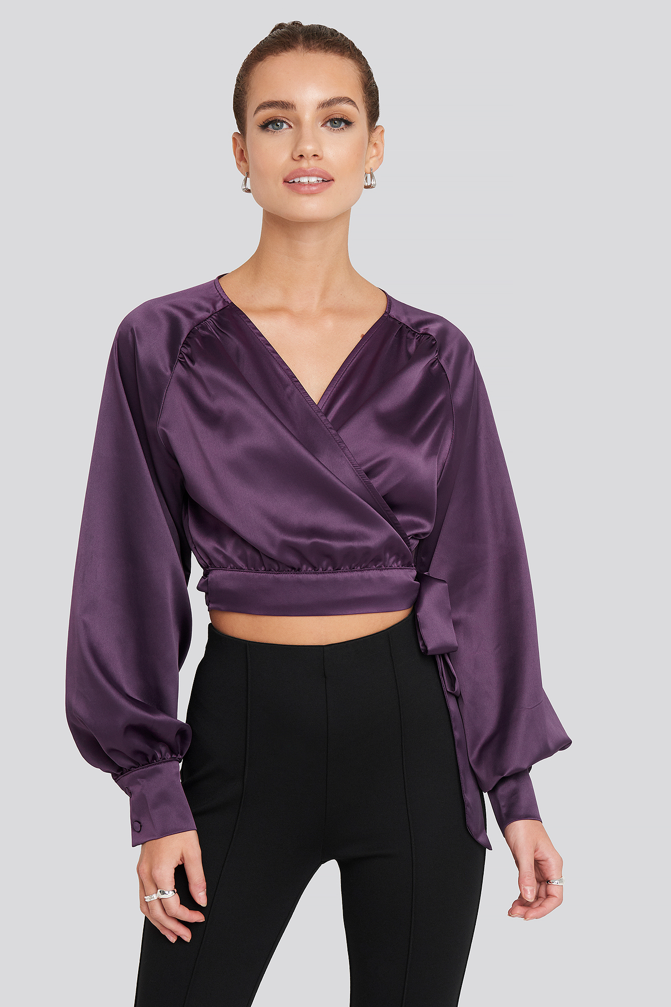 Wrap Front Cropped Blouse Purple
