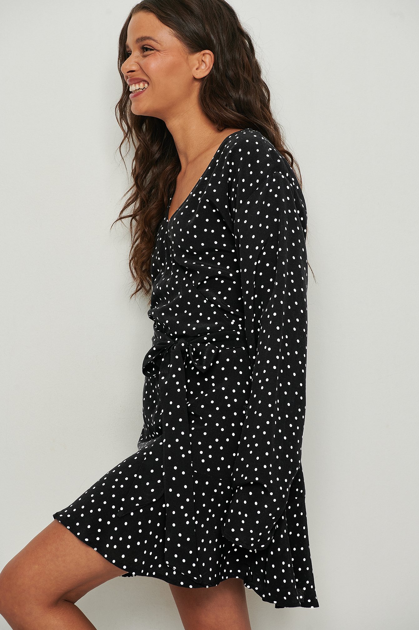 White/Black Dot Wrap Mini Long Sleeve Dress
