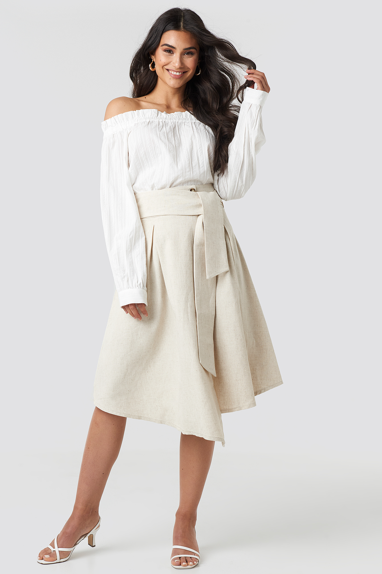 Wrap Over Linen Look Skirt Beige