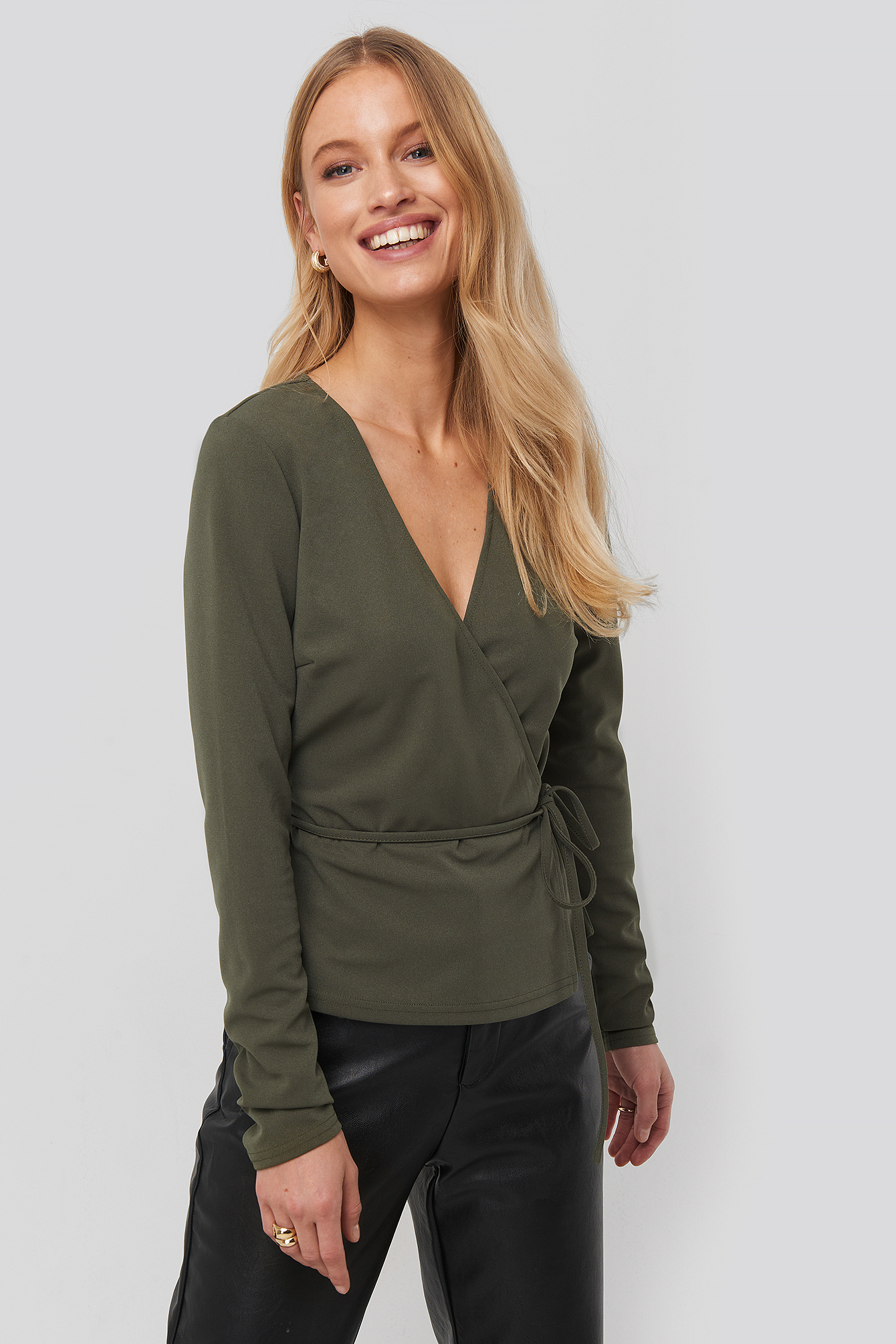 Wrap Over Long Sleeve Top Khaki