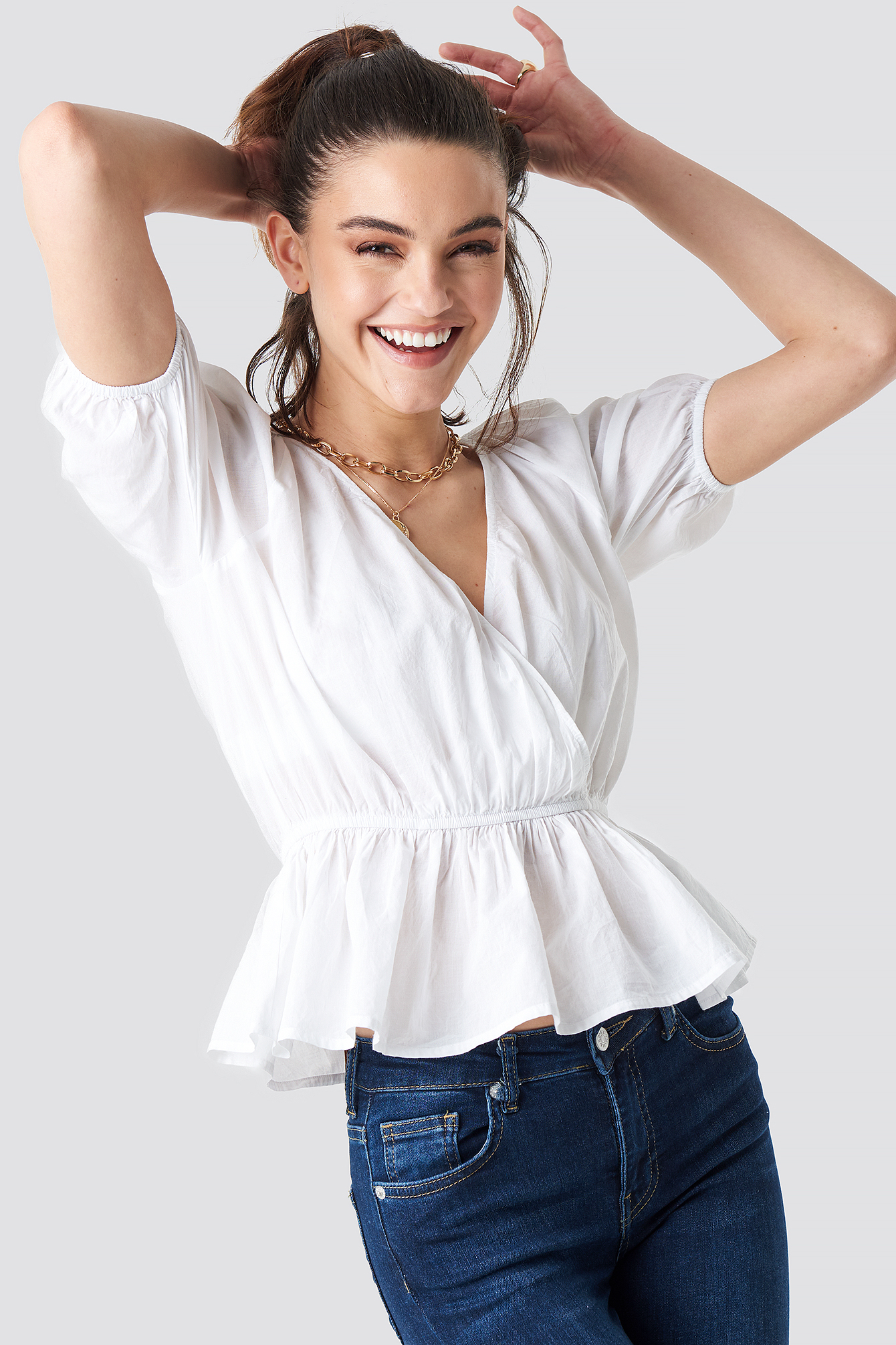 Wrap Over Puff Sleeve Top White