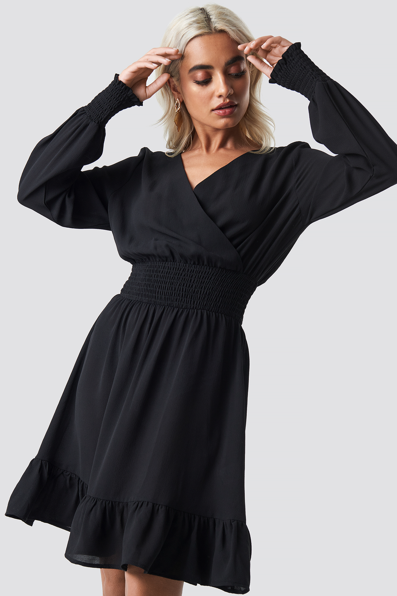 Wrap Over Smock Waist Dress Black