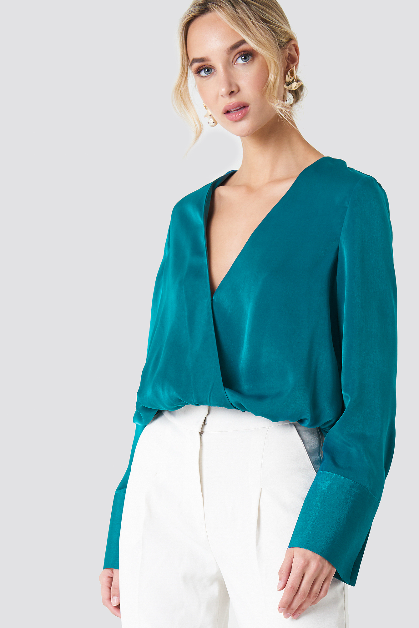 Wrap Satin Top Petrol Blue